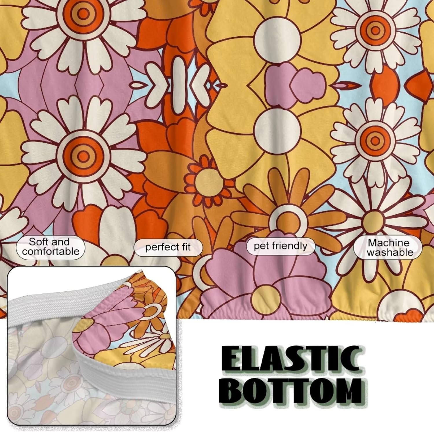 Stretch Armless Futon Slipcover Washable Full Size Folding Sofa Bed Slipcover Non-Armrest Furniture Protector Suitable for Futon Sofa Size 68-85 Inches, Groovy Hippie Flower Daisy Orange