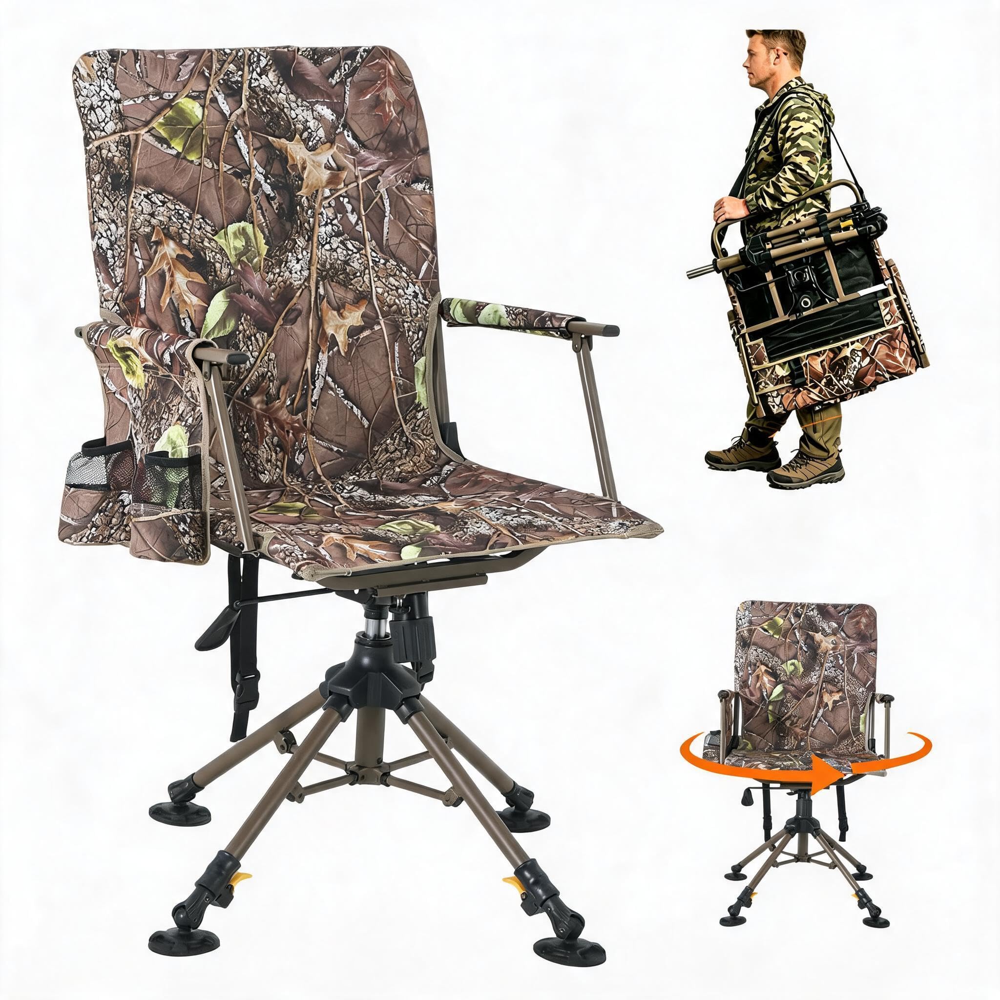 360° Swivel Camping Chair, Folding High Back Hunting Chair with Carry Strap