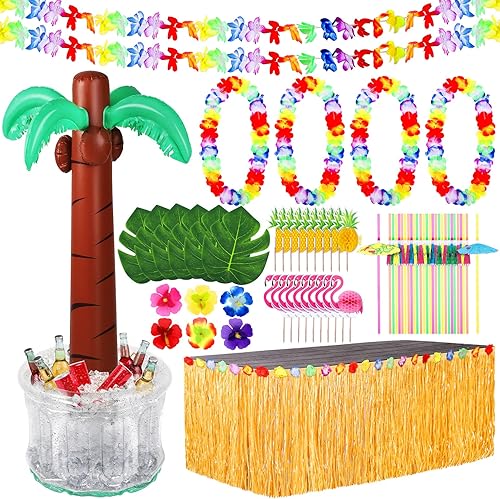 Fovths Paquete de 70 decoraciones tropicales de fiesta Luau, 60 pulgadas inflable de palmeras con suministros de fiesta Luau para fiestas temáticas