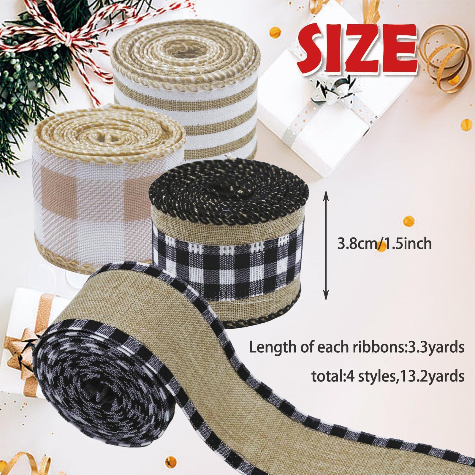 4 Rollen Winter Sackleinen kariert Band Draht Bordüre Weihnachten Urlaub DIY Geschenk Schmetterling Blumen Handwerk Dekor 3,8 cm breit 13,2 m (Natur)