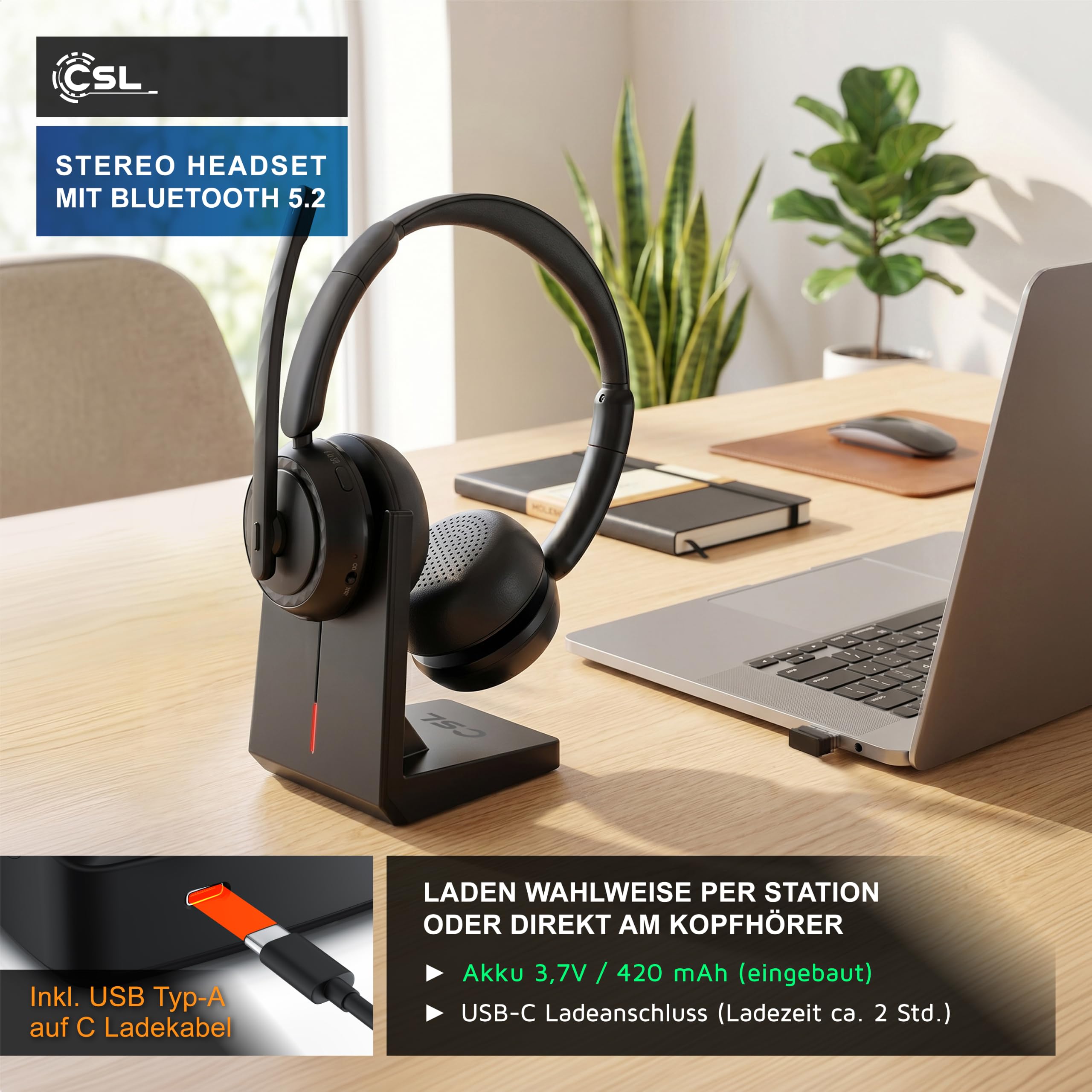 CSL - Bluetooth 5.2 Headset mit Ladestation - Wireless Dongle – 2,4 Ghz – Multifunktionstaste – Dual Connectivity - Multipoint – Stereo Kopfhörer mit Polster - schwarz