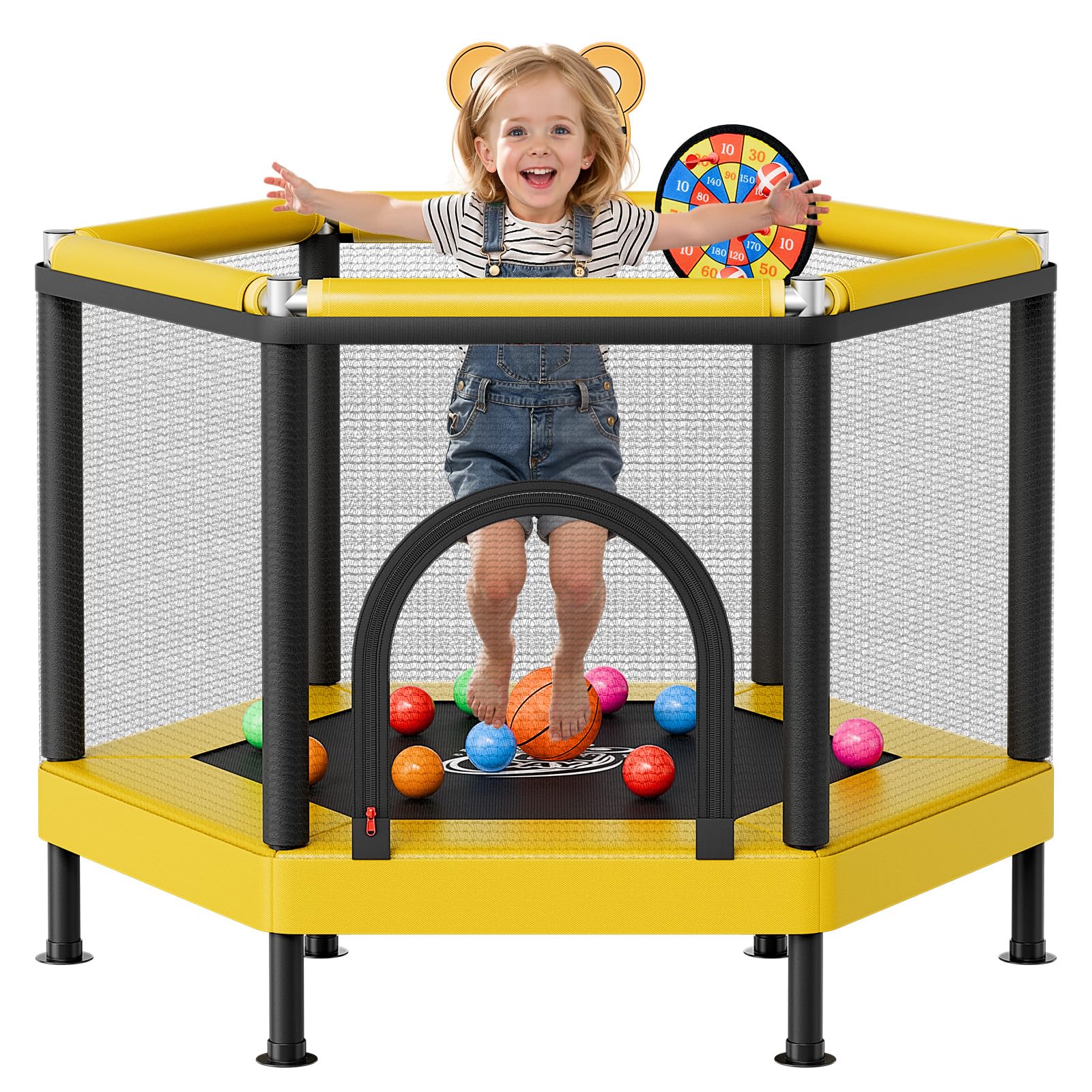 VEVOR Trampolino Elastico da Interno per Bambini Carico Dinamico 60 kg, Mini Trampolino con Rete di Protezione Giocattolo da Interno con Canestro da Basket Forma a Esagonale Tappeto Elastico in PP