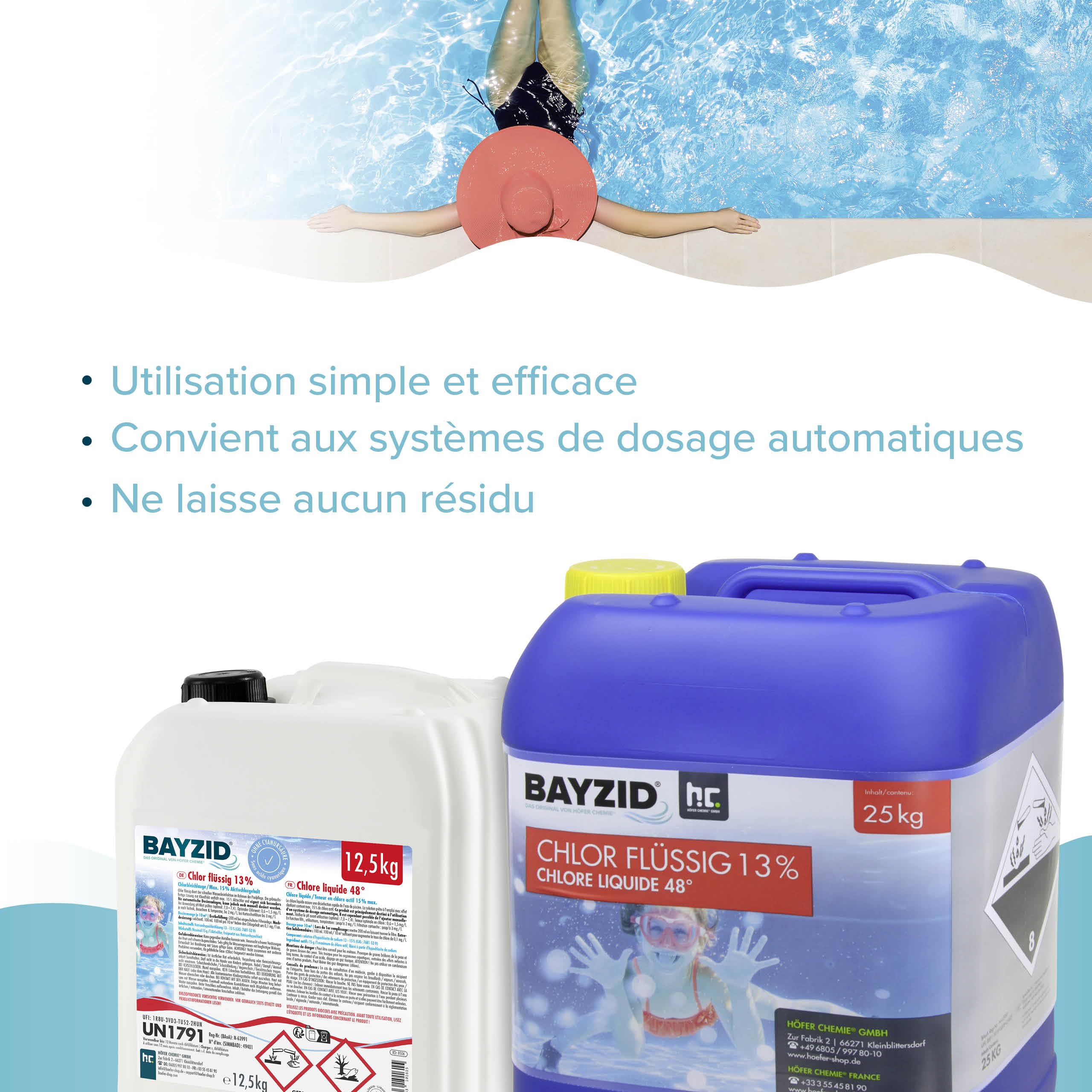 BAYZID® Chlore Liquide 1 x 25 kg – Désinfectant Piscine à Action Rapide, 13-15% de Chlore Actif – pour Systèmes de Dosage Automatique – Clarifiant Eau Cristalline – Idéal Spa, Jacuzzi, Pataugeoire
