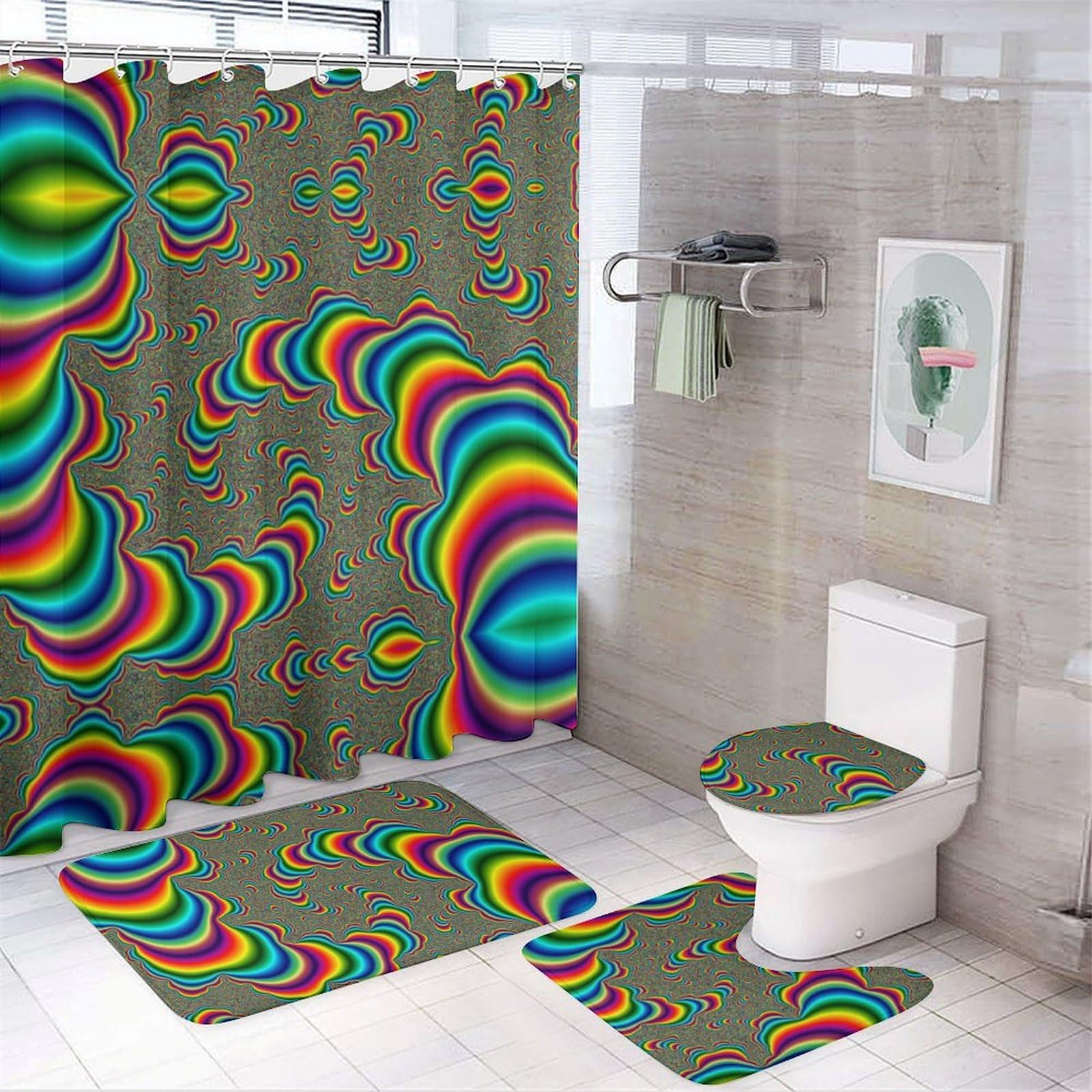 JZemdybill Bathroom Mat Set 4 Piece, Psychedelic Trippy Rainbow Shower Curtain with Non-Slip Bath Mats for Bathroom