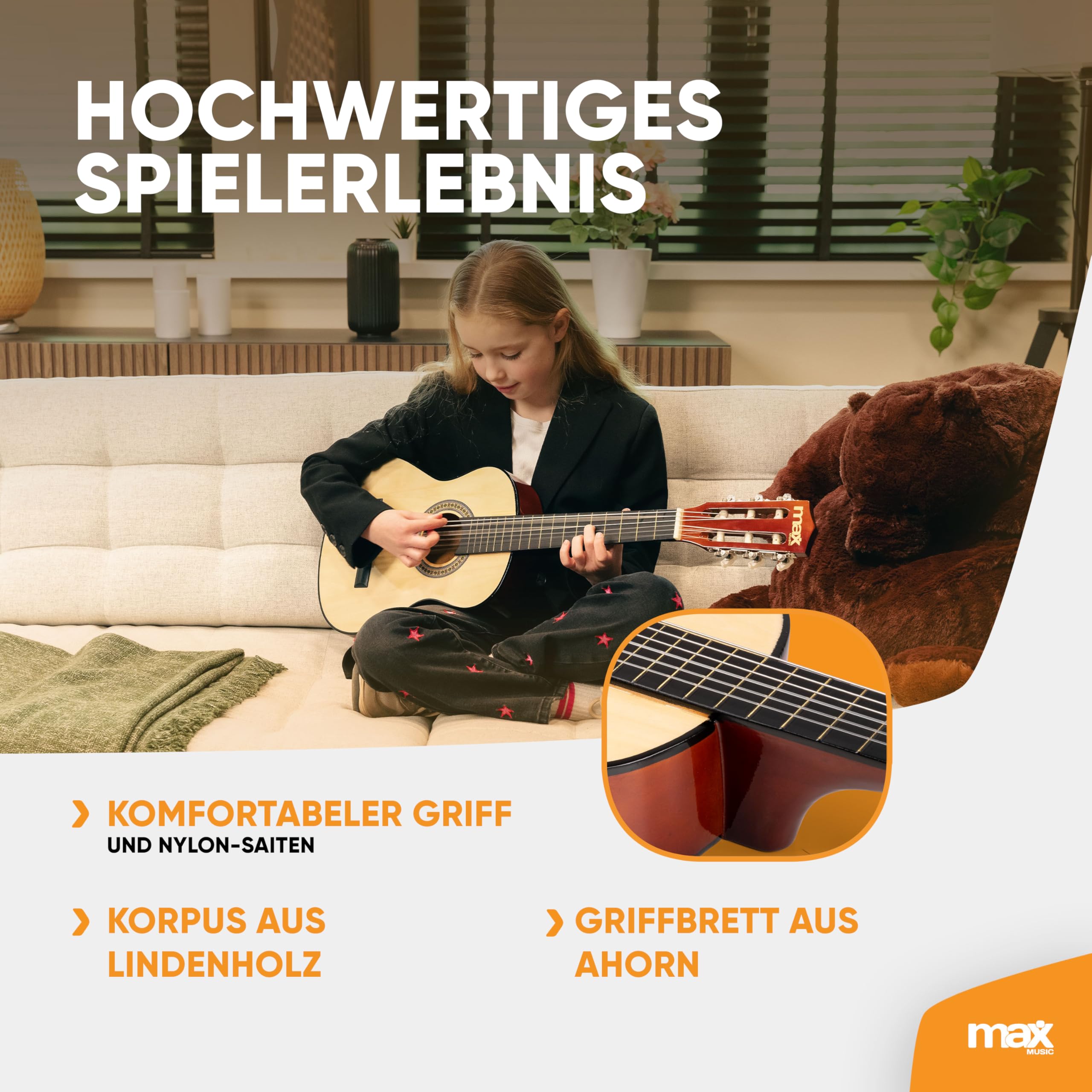 MAX SoloArt - 1/4 Gitarre Kinder ab 3 Jahre - Akustik Gitarre inkl. Gitarrenständer, Tasche, Plektrum, Gurt und Saiten-Zubehör, Kindergitarre 3 Jahre - Guitar in Holz