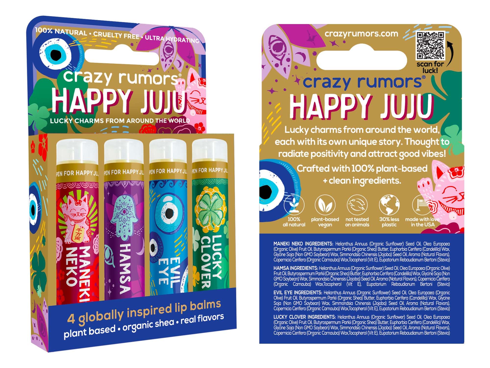 Crazy Rumors Happy Juju Lucky Charms Lip Balm Mix (Maneki Neko, Hamsa, Evil Eye, Lucky Clover): 4 Pack Gift Set - Image 2