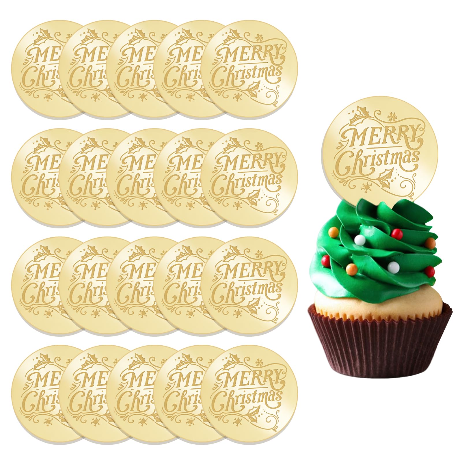 URROMA 20Pcs Merry Christmas Cupcake Toppers, Spray Design Golden Round Acrylic Cupcake Charm Christmas Themed Mirror Cake Discs for DIY Decor Supplies — image 1