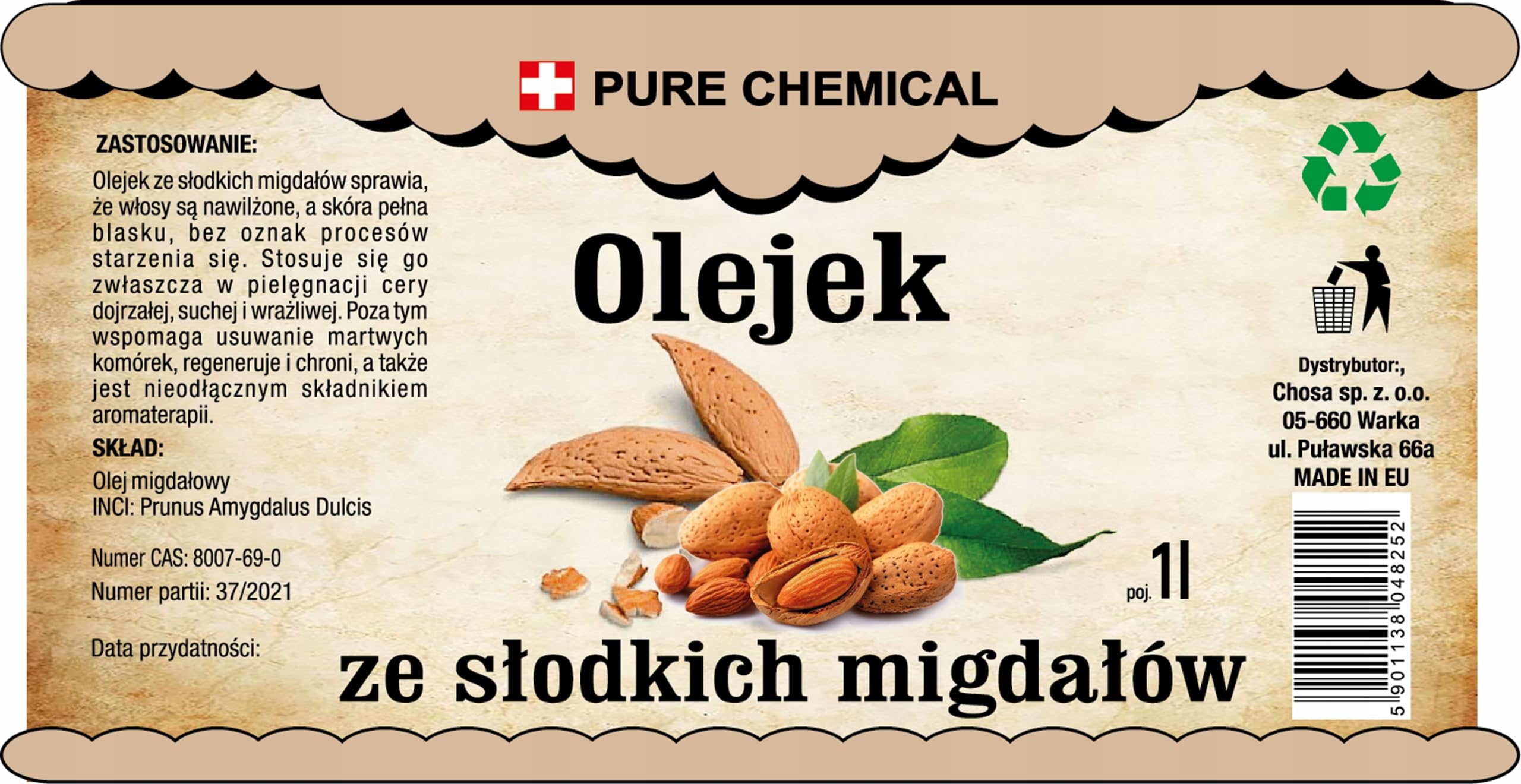 CHOSA Olio di Mandorle Dolci 5L - Olio Naturale per Viso Corpo Capelli, Idratante e Nutriente, Migliora Elasticità e Luminosità Pelle, Perfetto per Massaggi e Cura Quotidiana