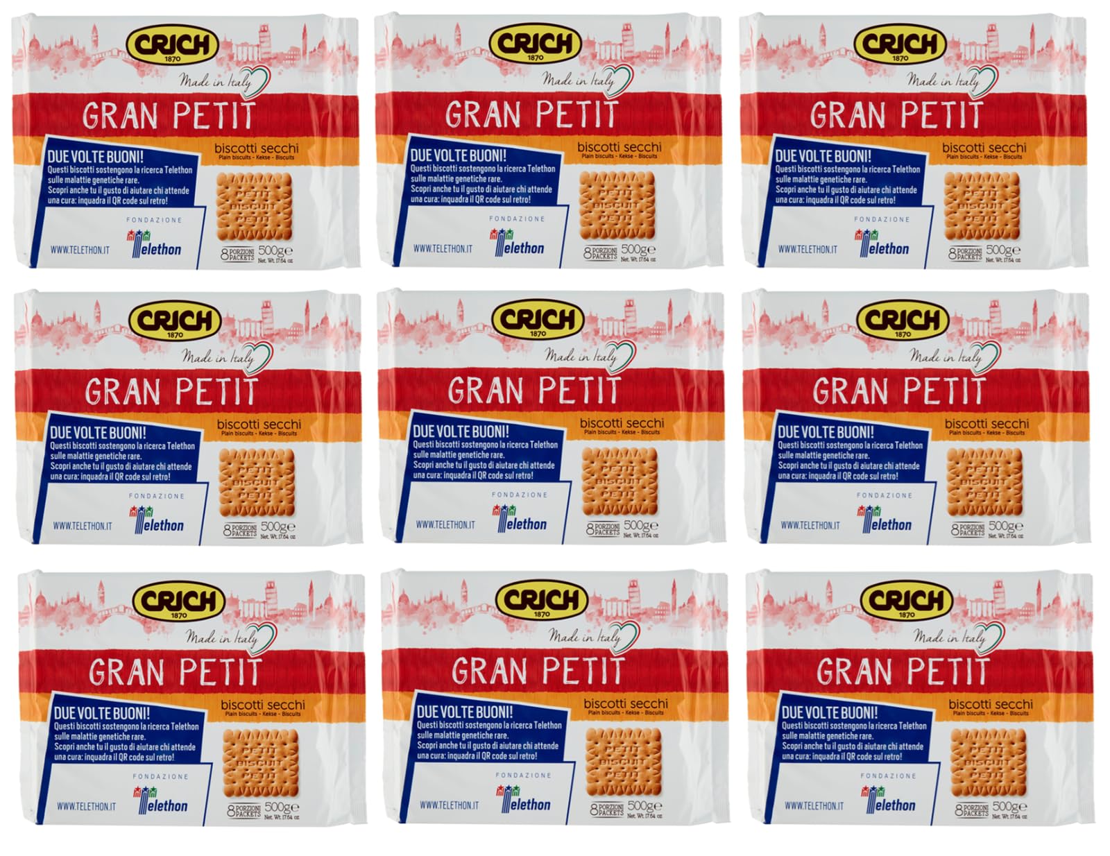 Lot de 9 biscuits Crich Gran Petit Biscotti Secchi, paquet de 500 g, chaque paquet contient 8 portions individuelles + 1 boîte de thé glacé à la pêche, 330 ml