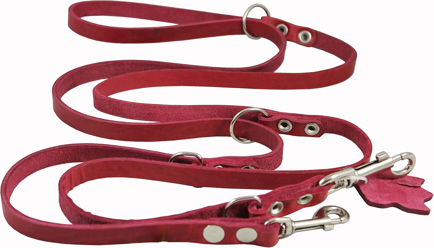 Red 6 Way European Multifunctional Leather Dog Leash, Adjustable Schutzhund Lead 49"-94" Long, 3/8" Wide (10 mm) for Small Dogs