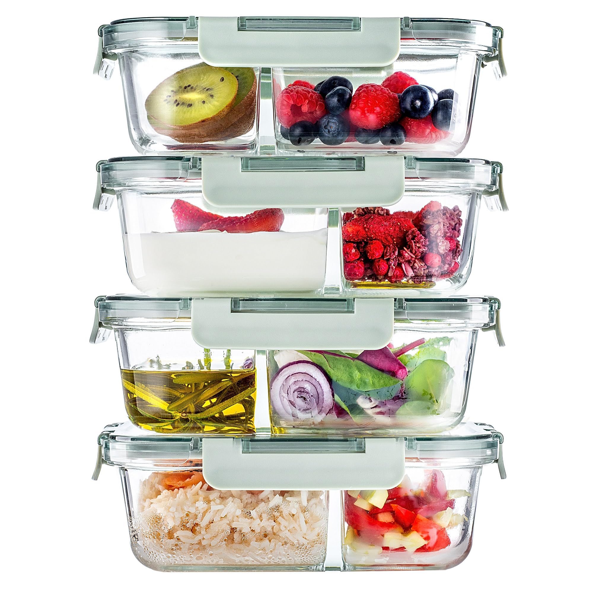 KADAX Set van 4 glazen vershouddozen met vakken (4 x 1 l), voorraaddozen met deksel, luchtdicht en lekvrij, meal prep dozen, voorraaddozen voor keuken en vriezer