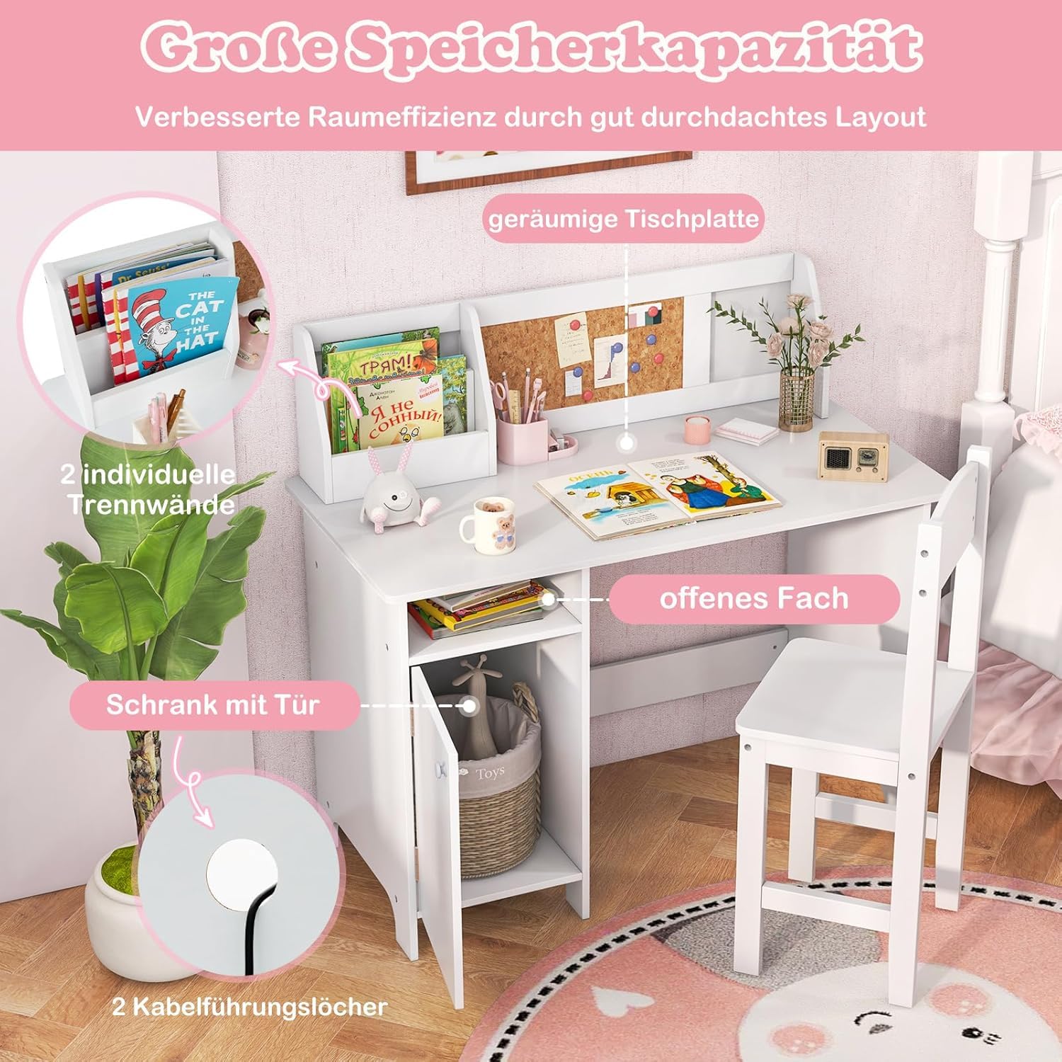 FANTASK Kinderschreibtisch Set, Schreibtisch Kinder mit Stuhl aus Holz, Schülerschreibtisch mit Bücherregal, Schrank & Pinnwand, Jugendschreibtisch für Kinder ab 3 Jahren, Weiß