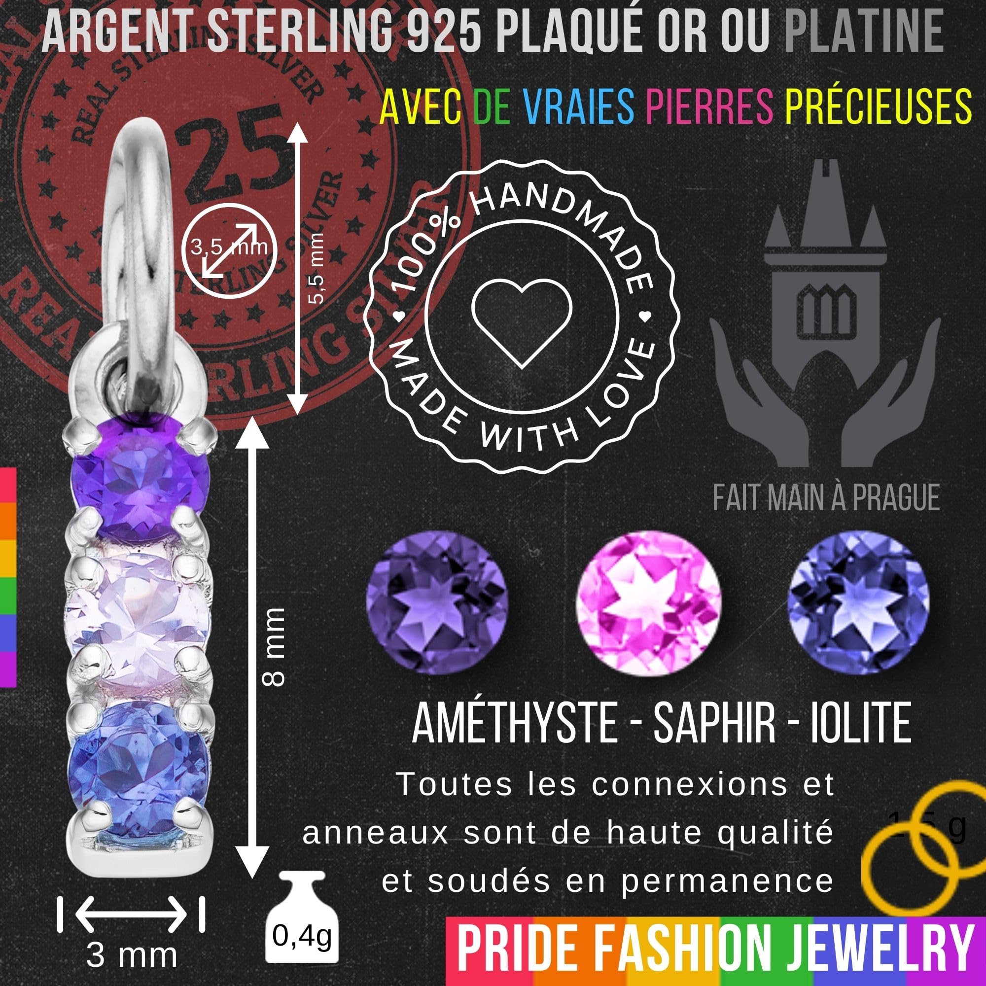 Fait Main LGBTQ Drapeau Pendentif Genuine Pierres Précieuses Argent 925 | LGBT, transgenre, lesbienne, gay, bisexuel, non binaire, agenre, asexuel, polyamour, pansexuel, genderqueer, gemmes, éclat