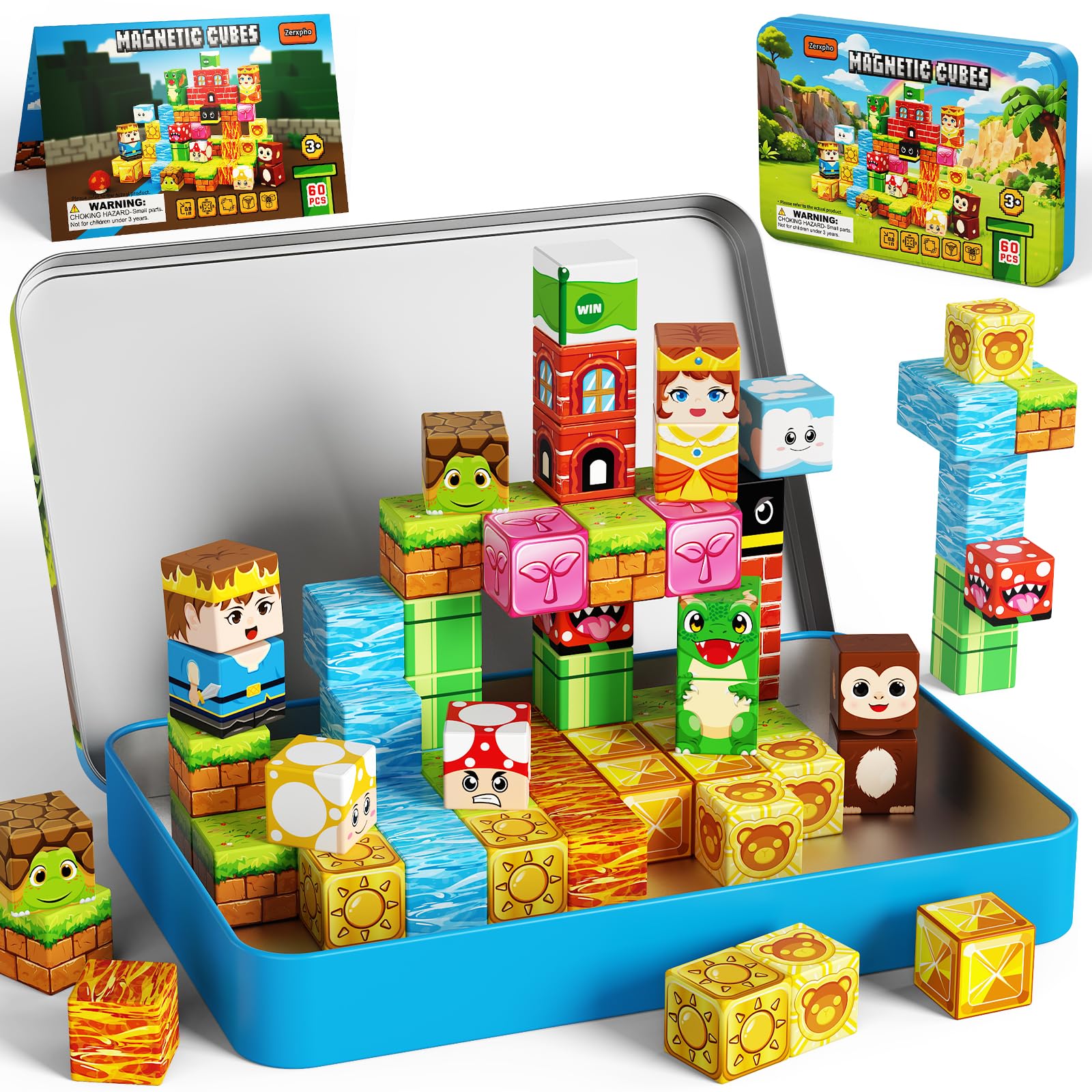 60PCS Mini Magnetic Building Cubes Set, Adventure-themed Magnetic Blocks, Portable Magnetic Travel Blocks with Iron Case, Educational Toy for Kids STEM & Construction Learning for Kids Aged 3+