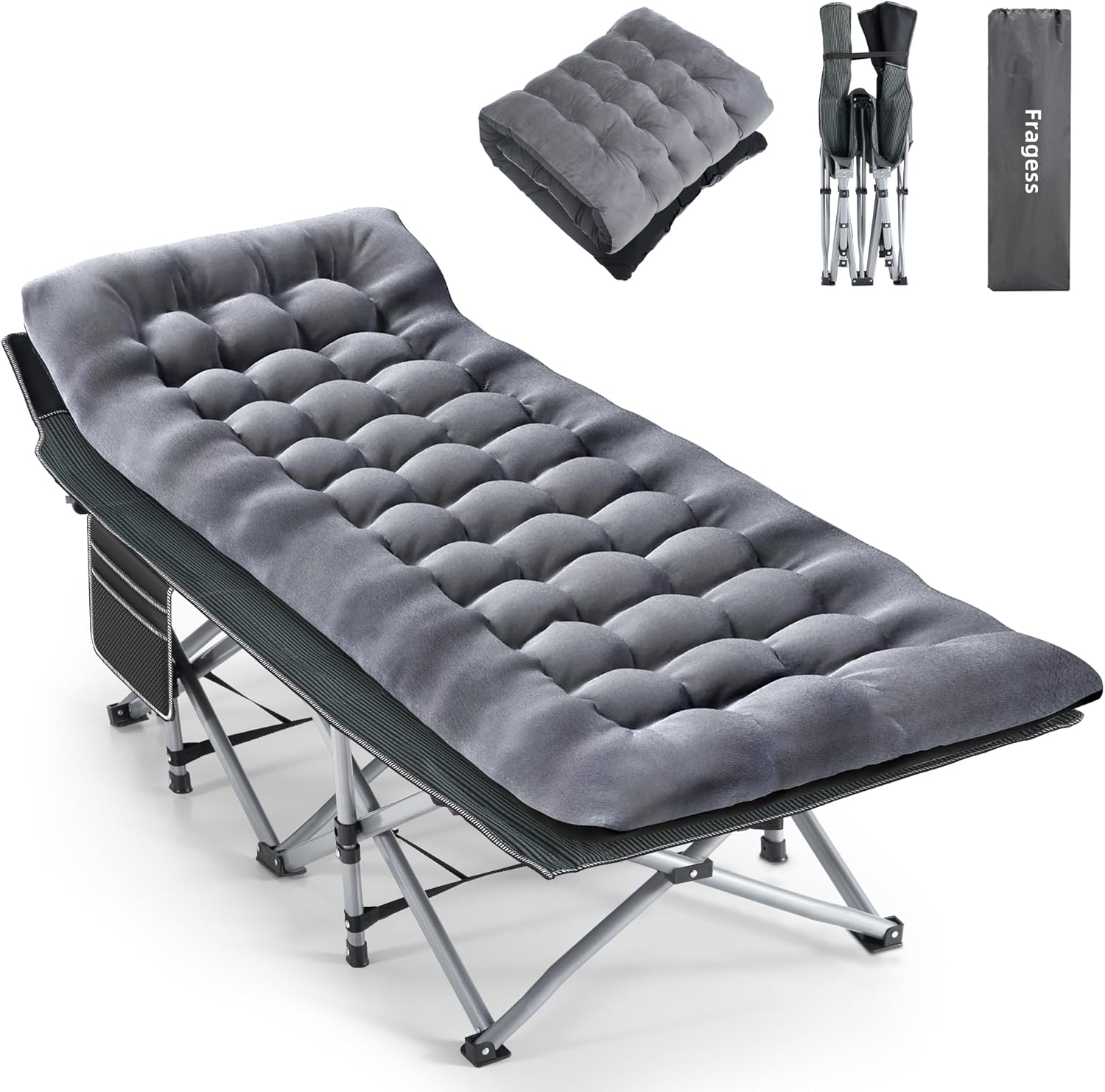 Camping Cot, Sleeping Cots for Adults, Portable Camping cots with Mattress, Pillow and Carry Bag, 1200D Double Layer Oxford, 600 LBS Weight Capacity Cots for Sleeping(Grey+Black) Grey + Black