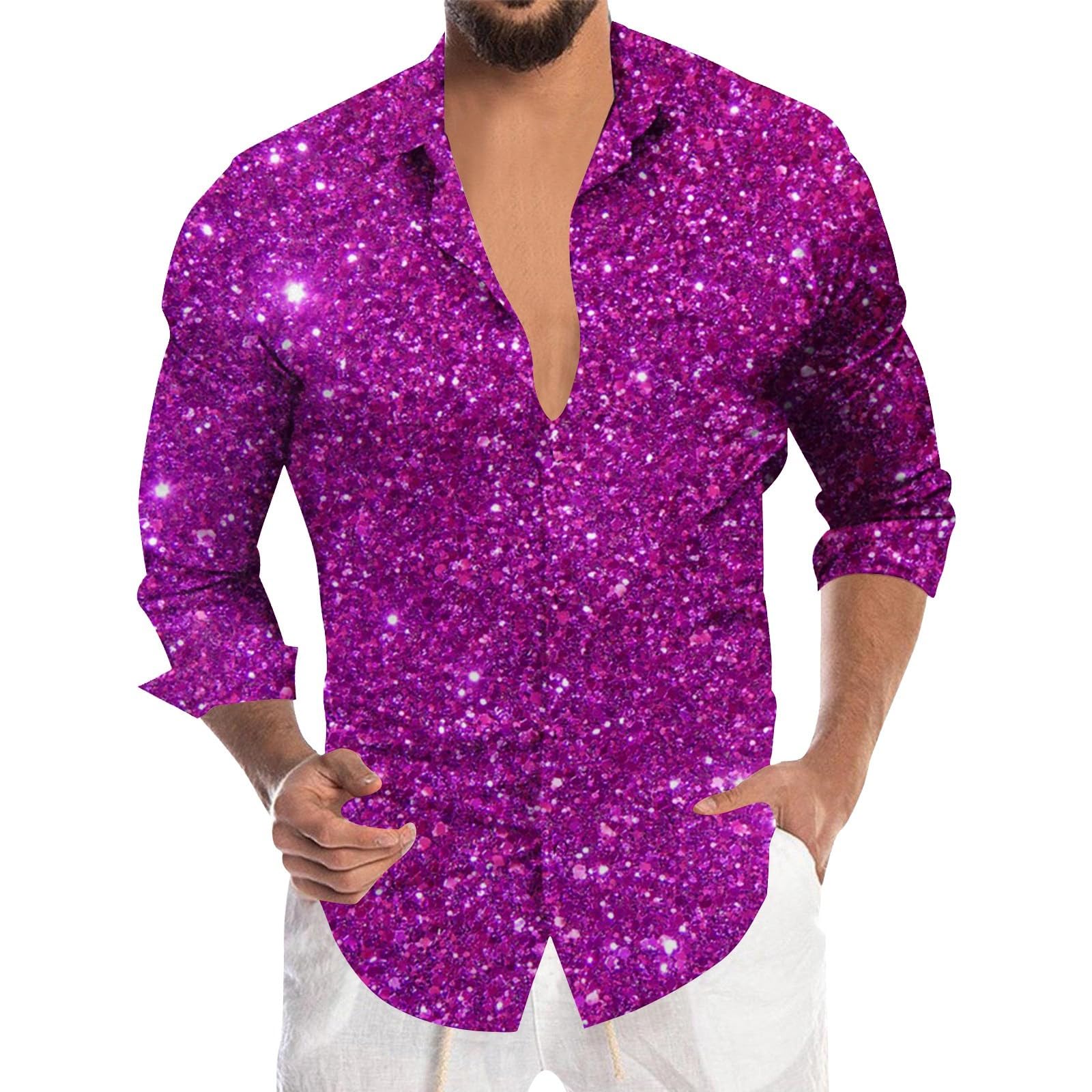 Mens Sequin Printed Shirt Long Sleeve Glitter SparkIe Shirt for Carnival Festival Party Nightclub Fancy Dress Shiny Disco Costume Tops Button Down for Men Stage Performance Clothing Purple