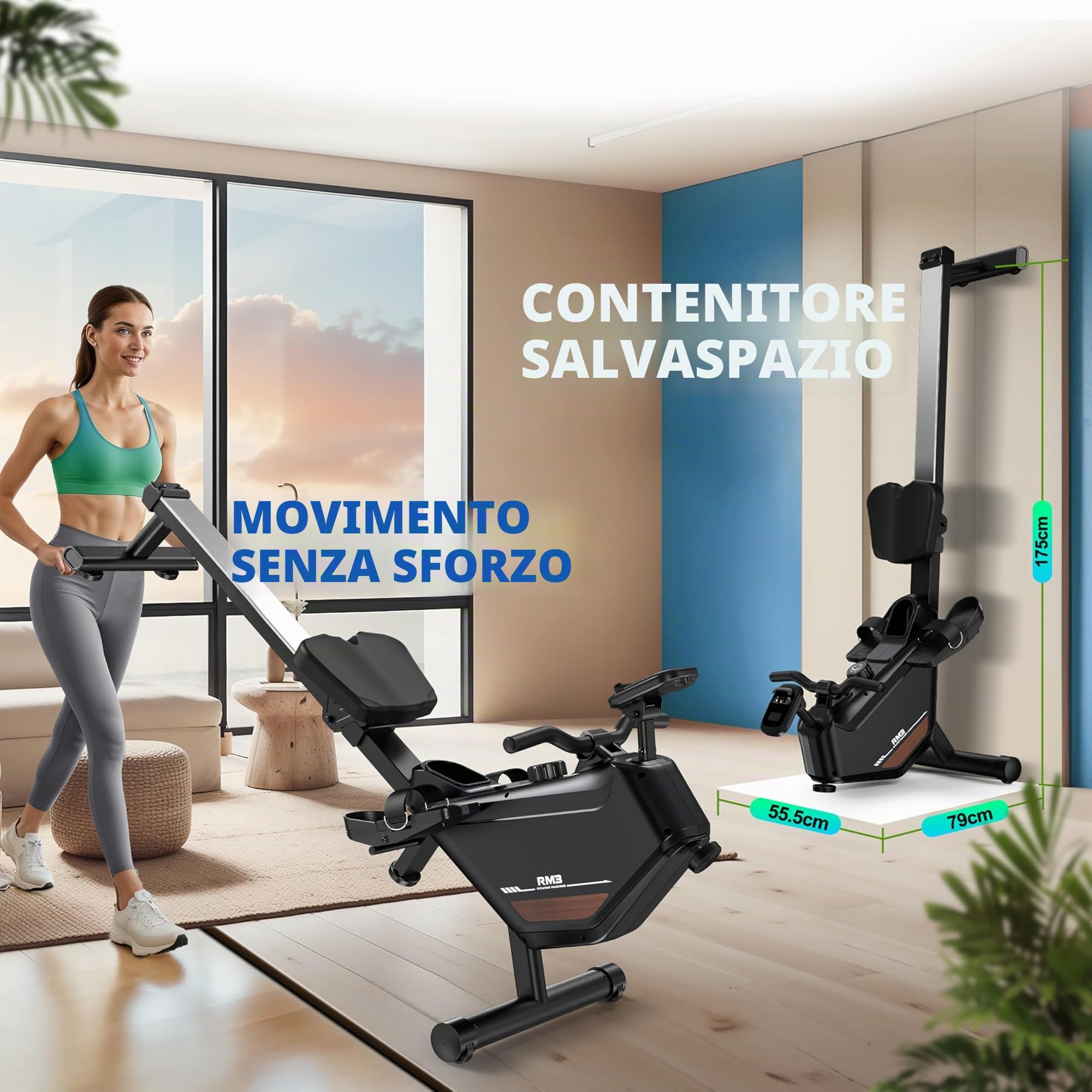 Vogatore per la casa con resistenza magnetica, vogatore con computer di bordo Bluetooth, supporto per tablet regolabile, capacità di carico 170 kg