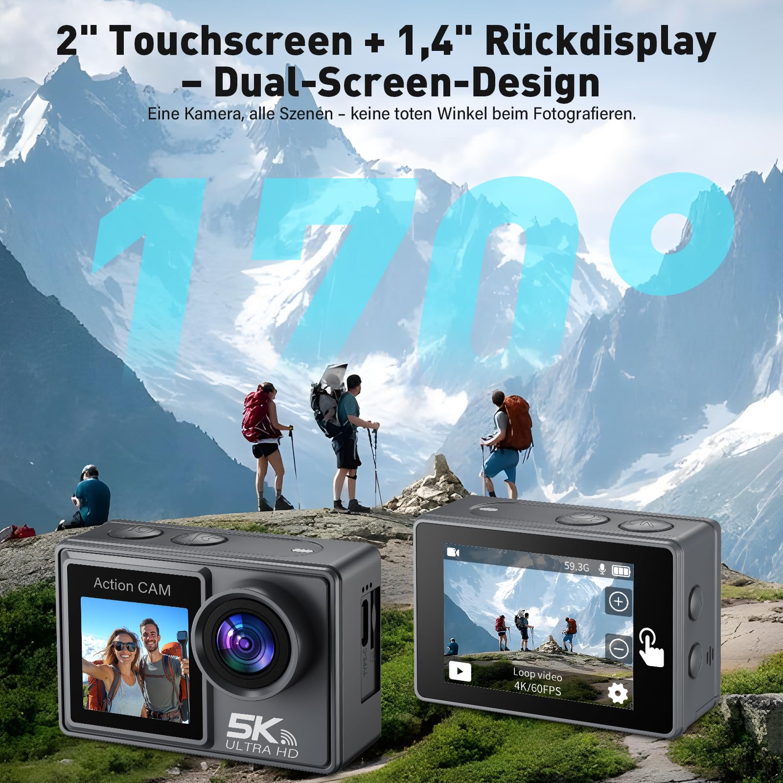 Action Cam 5K/ 4K, 50MP 30M/98FT wasserdichte Unterwasserkamera mit 64GB SD Karte, EIS, WiFi, 170° Ultra-Weitwinke Action Kamera–Ideal für Fahrrad, Schnorcheln, Motorrad, helmkamera