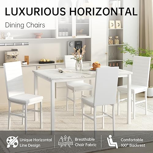Miniatura 4 de Hooseng Juego de mesa de comedor de 5 piezas para 4, mesa de cocina de mármol sintético con sillas tapizadas, juego de mesa moderno para comedor,