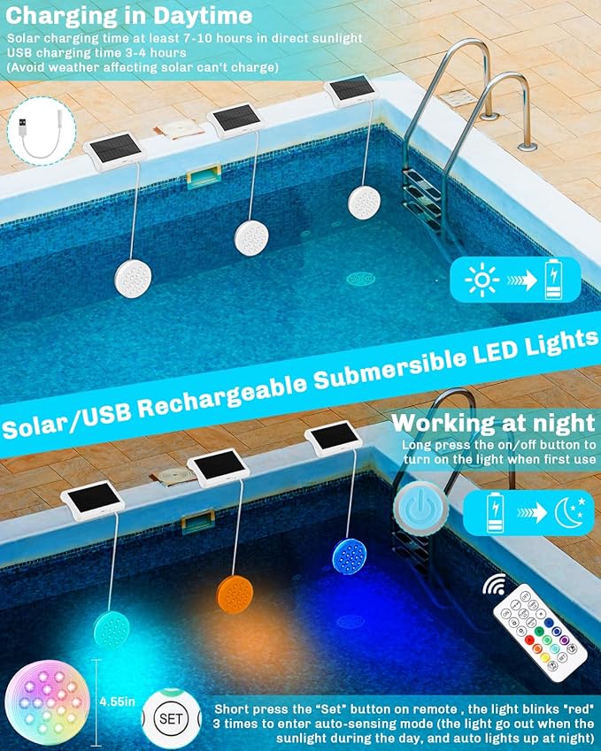 Luces Solares para Piscina, LED Submarinas Recargables IP68, 22 Colores con Control Remoto miniatura 4