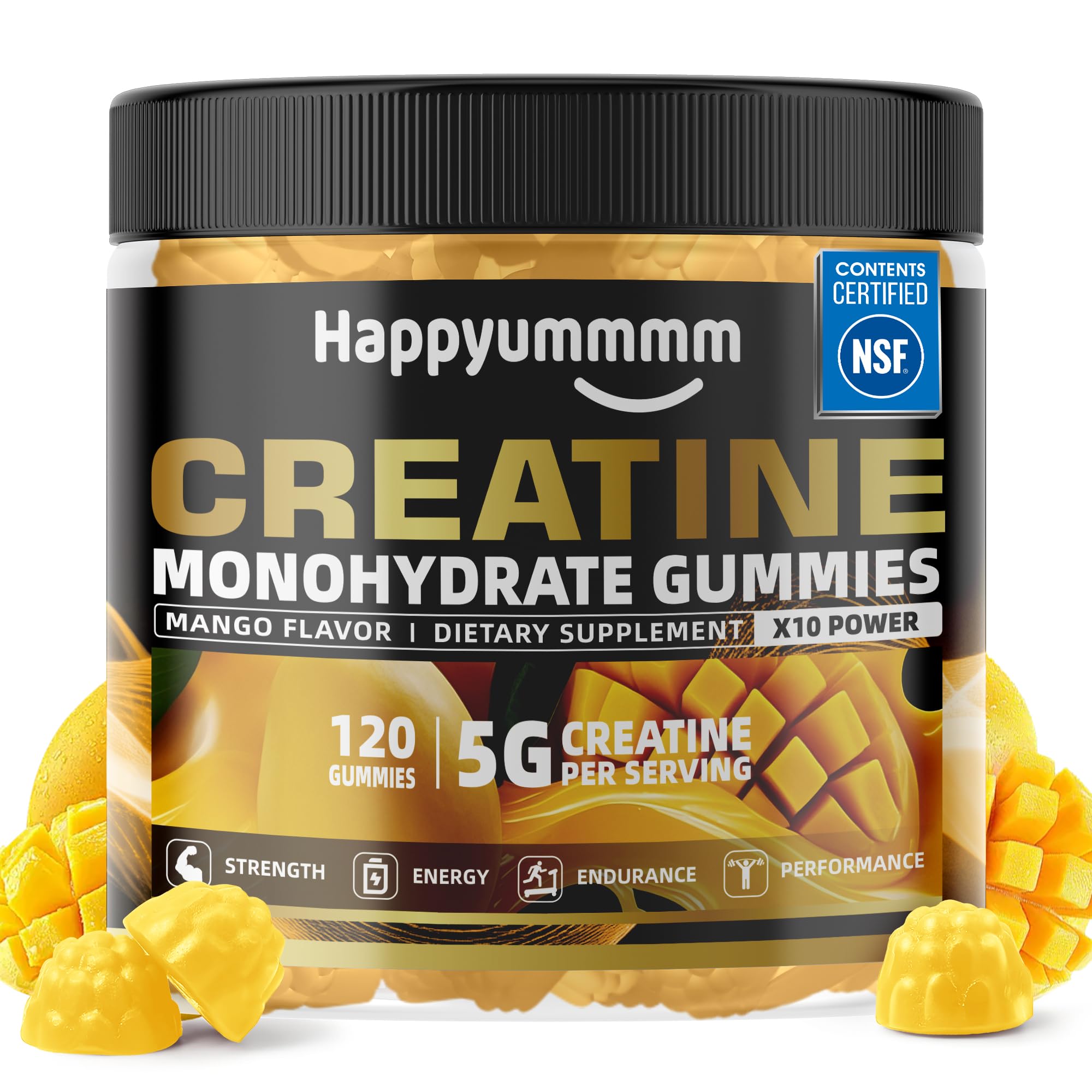 Happyummmm NSF Certified Creatine Gummy 5g - Creatine Monohydrate Gummies for Men & Women - Boost Focus,Strength, and Endurance, Anti-Melting Formula, Vegan, Gluten-Free, Non-GMO, Mango 120 ct