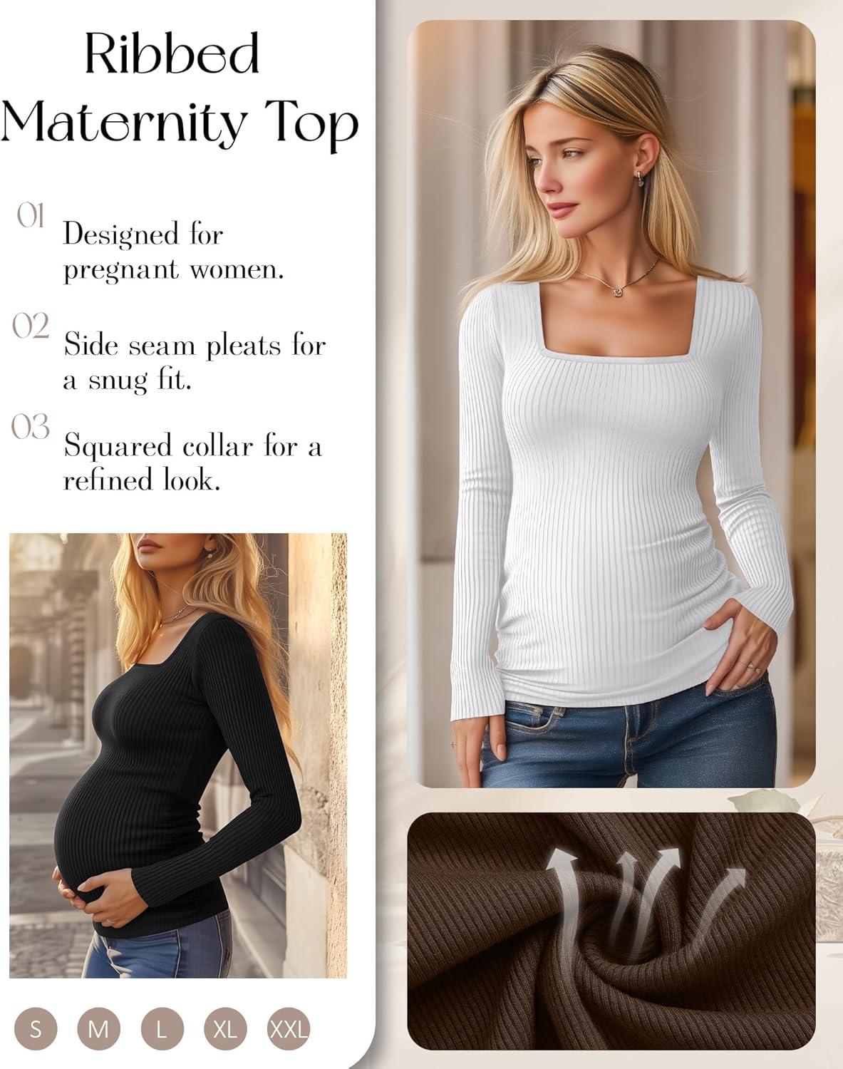 Huukeay 4 Pack Women's Maternity Shirts Cotton Ribbed Long Sleeve Square Neck Pregnancy Tunic Tops Side Ruched Basic Tee - Image 3