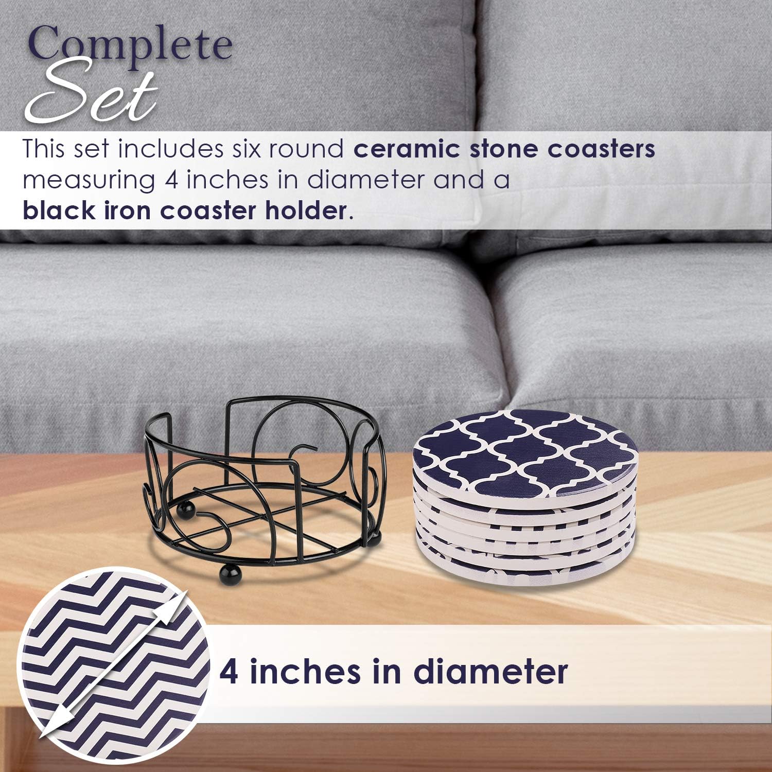 Blue Coasters for Drinks Absorbent Ceramic Stones with Holder & Cork Back - 6 Pieces for Stain-Free Furniture, Ideal Housewarming Gift & Home Decor - Mix Patterns of Chevron, Moroccan & Trellis
