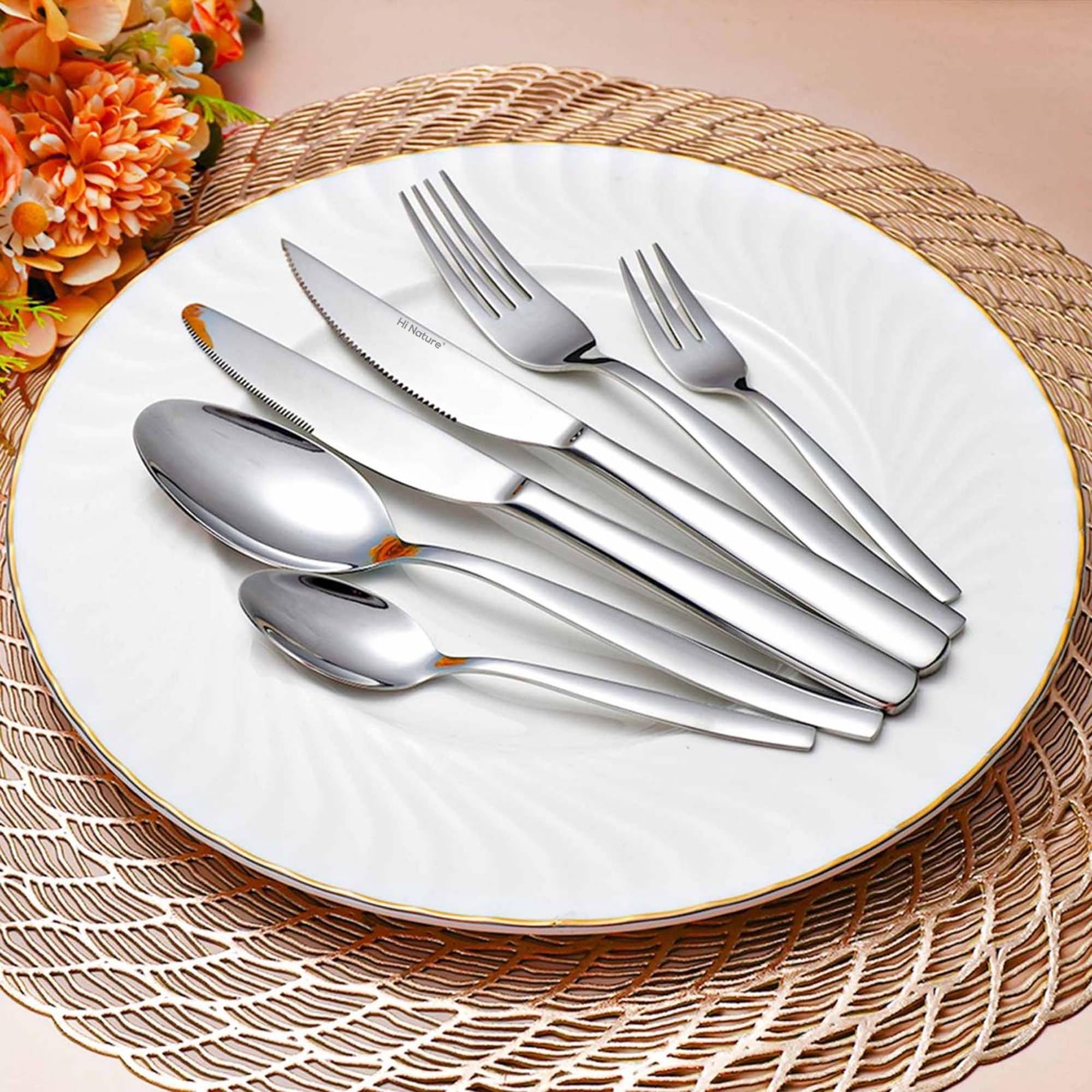 HI NATURE™ Juego de cubertería para 6 personas, 36 piezas, con cuchillo de carne, acero inoxidable 18/0, acabado brillante, incluye cuchillo, tenedor, cuchara y tenedor para tartas, apto para