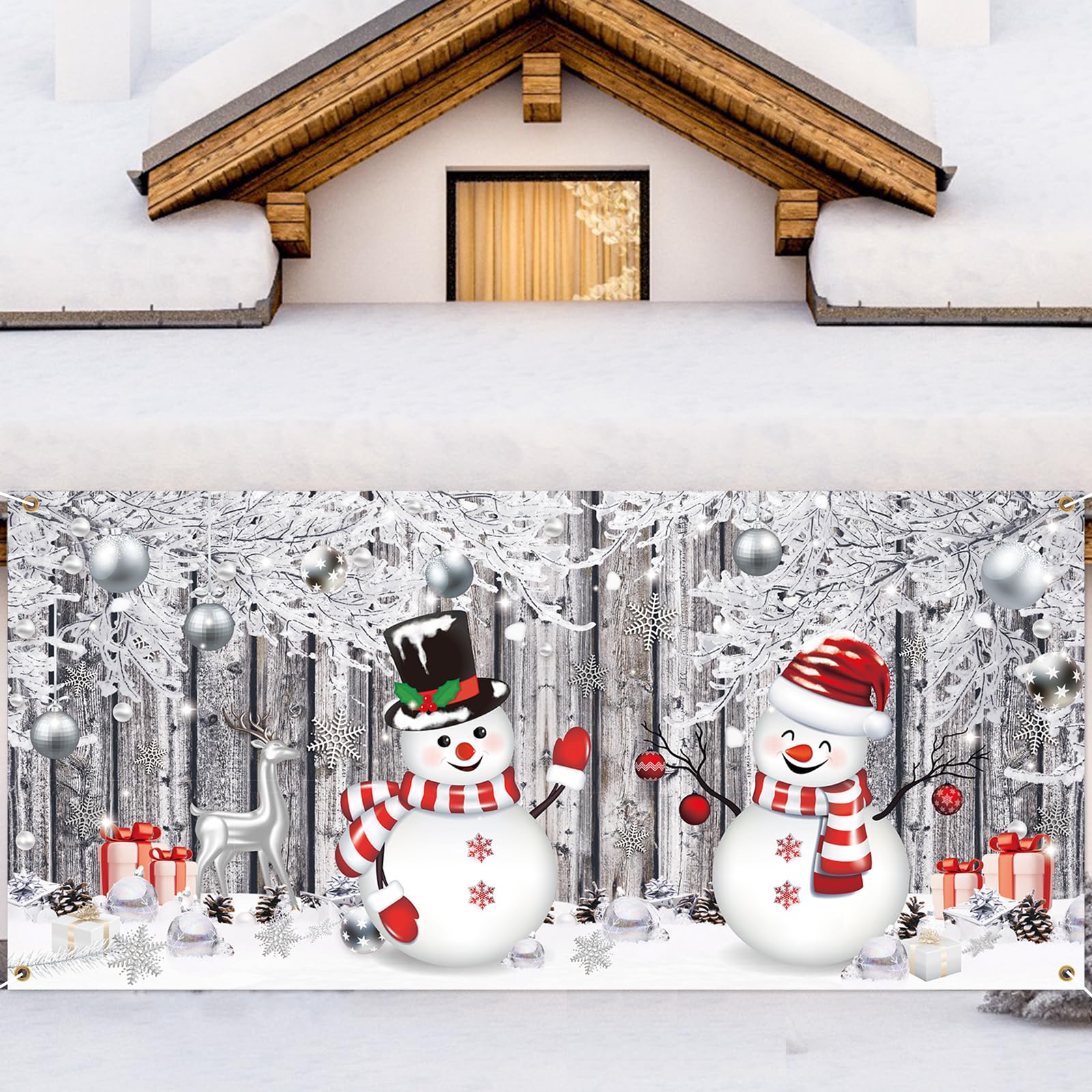 Weihnachts-Garagentor-Banner 3,5x1,8 M – Winterliche Schneelandschaft Mit Schneemann