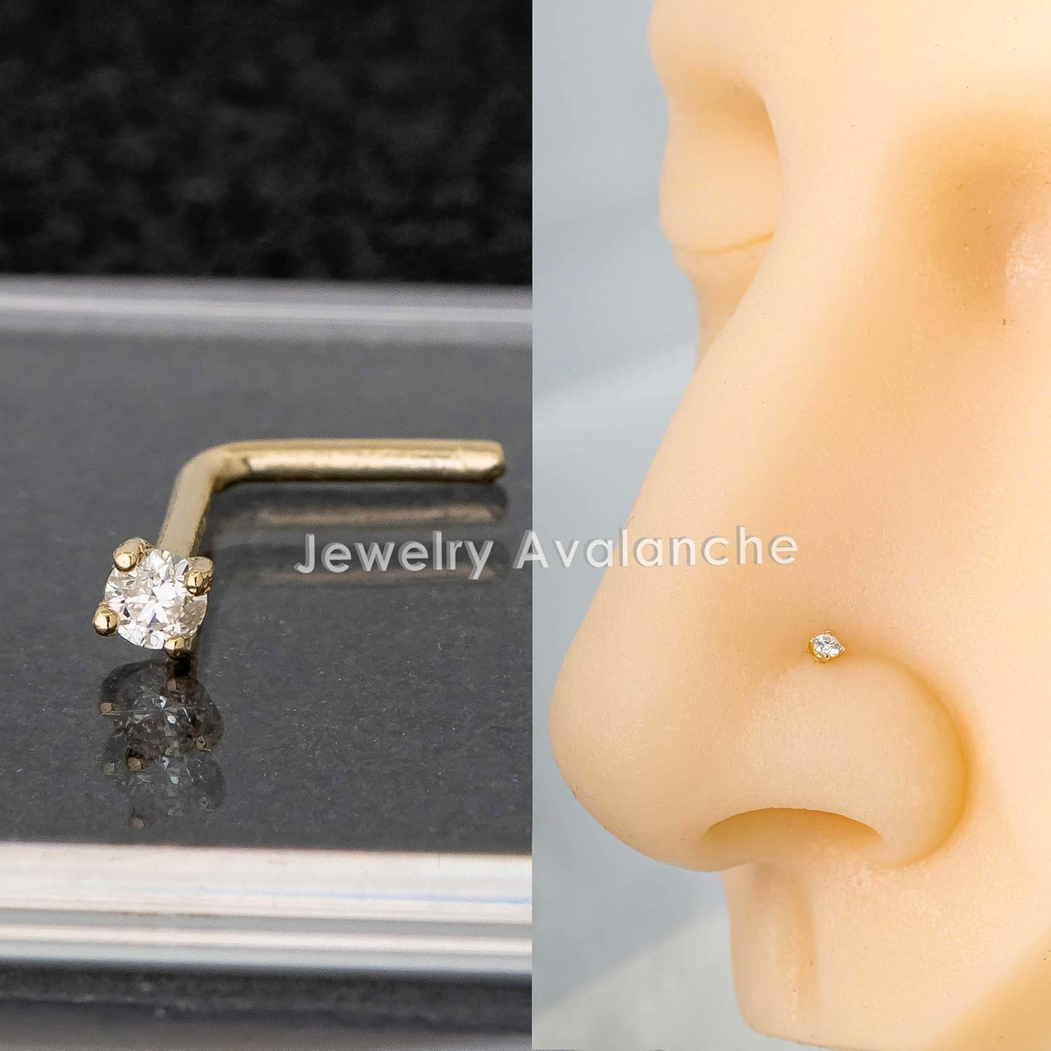 14Kt Gold Moissanite Nose Stud 20G L-Shape Nose Ring Stud - April Birthstone