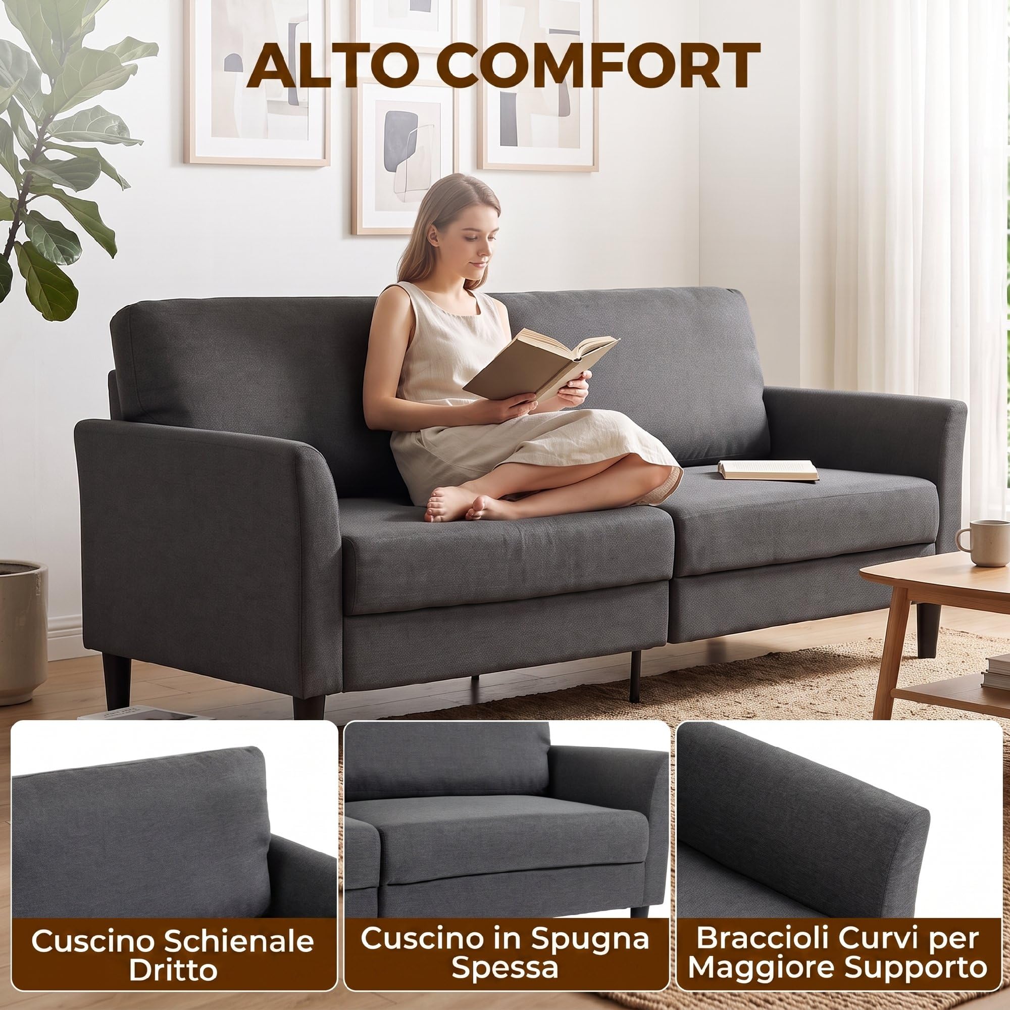 HOMCOM Divano 3 Posti Stile Contemporaneo in Tessuto Effetto Lino, Divanetto da Salotto con Braccioli e Imbottitura Spessa, Sofà con Gambe in Legno di Caucciù per Soggiorno e Ufficio, Grigio Scuro