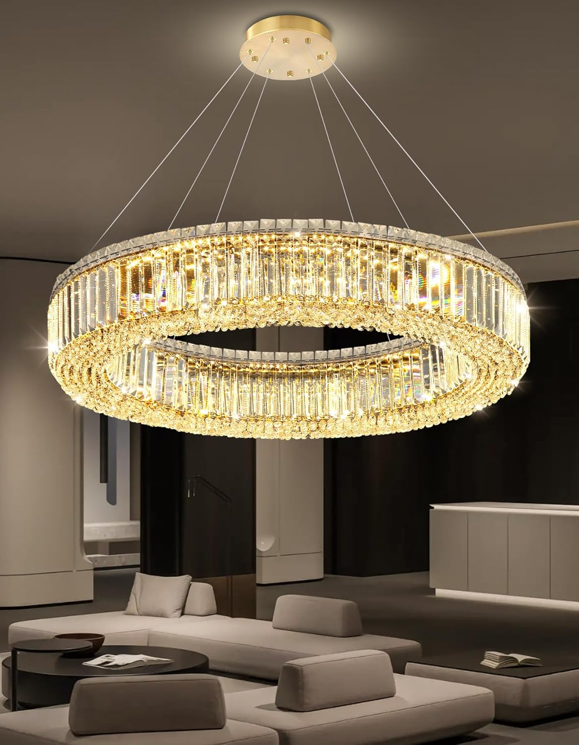 32'' Modern Ring Chandeliers for High Ceiling Luxury Dimmable Crystal Ceiling Light Fixtures for Foyer Staircase Entrance Villa Large Gold