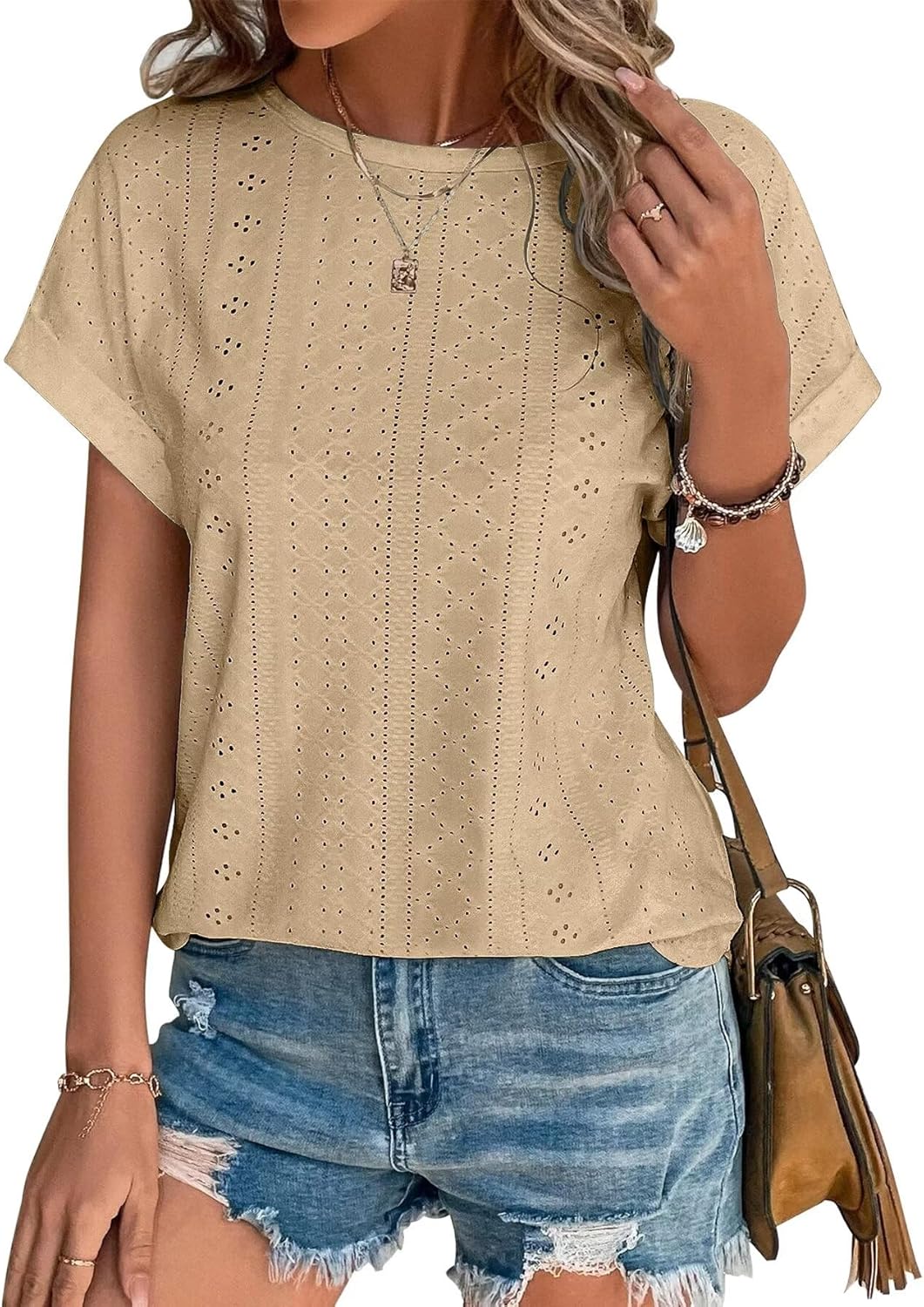 Eyelet embroidery trendy T-shirts for summer beach vacation outfits.