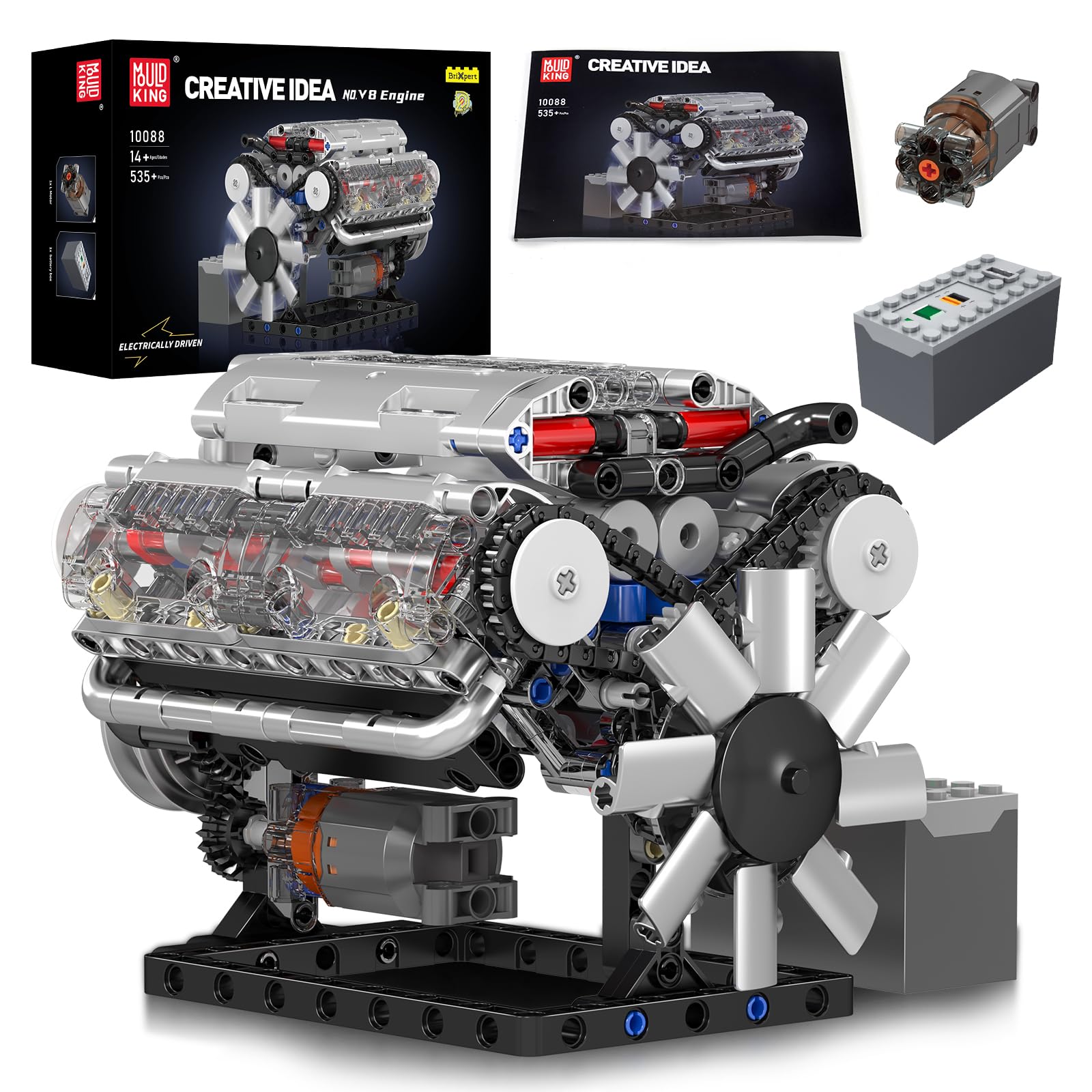 Mould King 10088 MOC Technology (V8) Eight Cylinder Inline Gasoline Engine Cylinder Block Kit, Technology Clamping Block Kit Including Motor and Battery Box V8 Engine (535 PCS+)