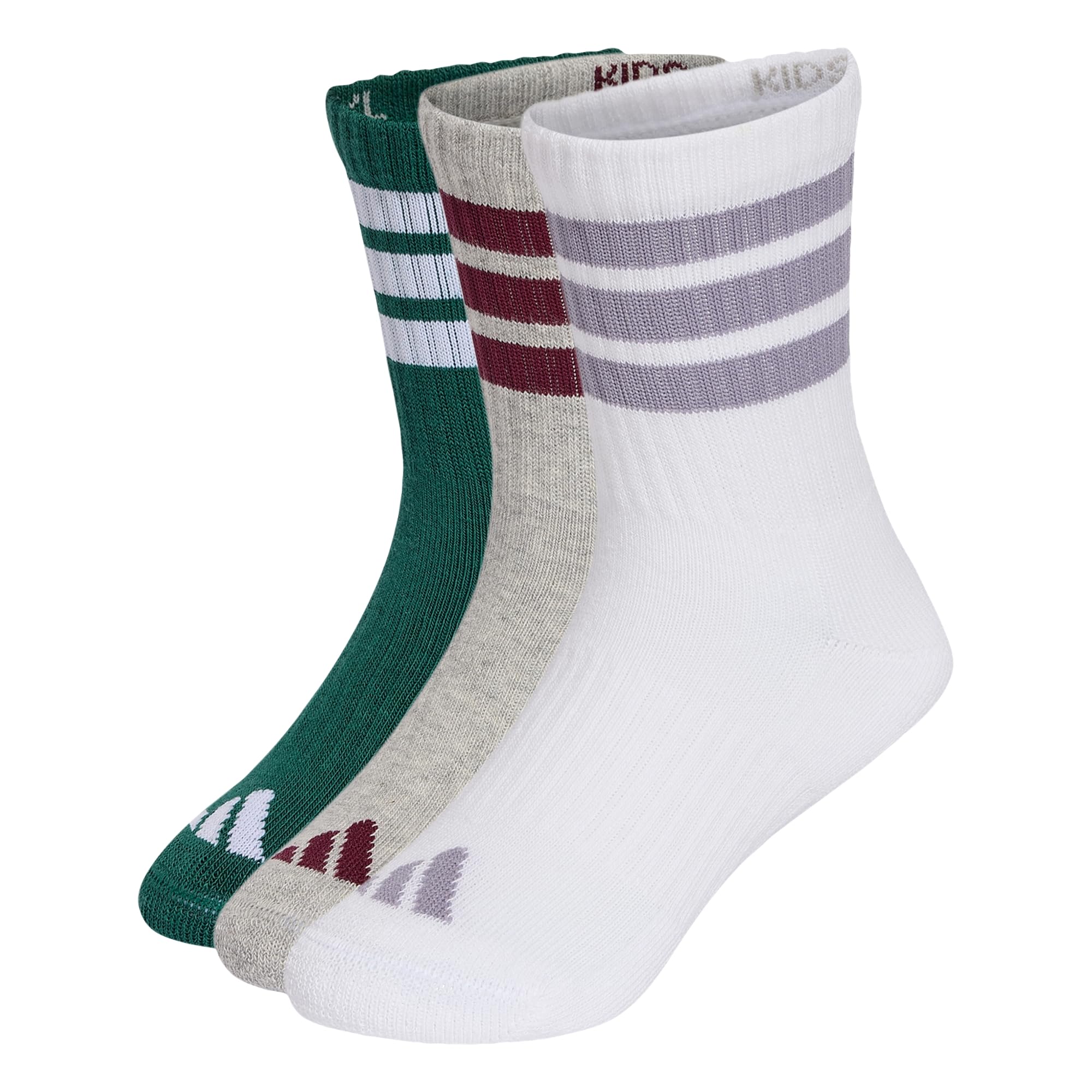 adidas Unisex Kids 3Stripes Cushioned Sportswear Crew Socks 3 Pair Pack Socks, collegiate green/medium grey heather/white, XS