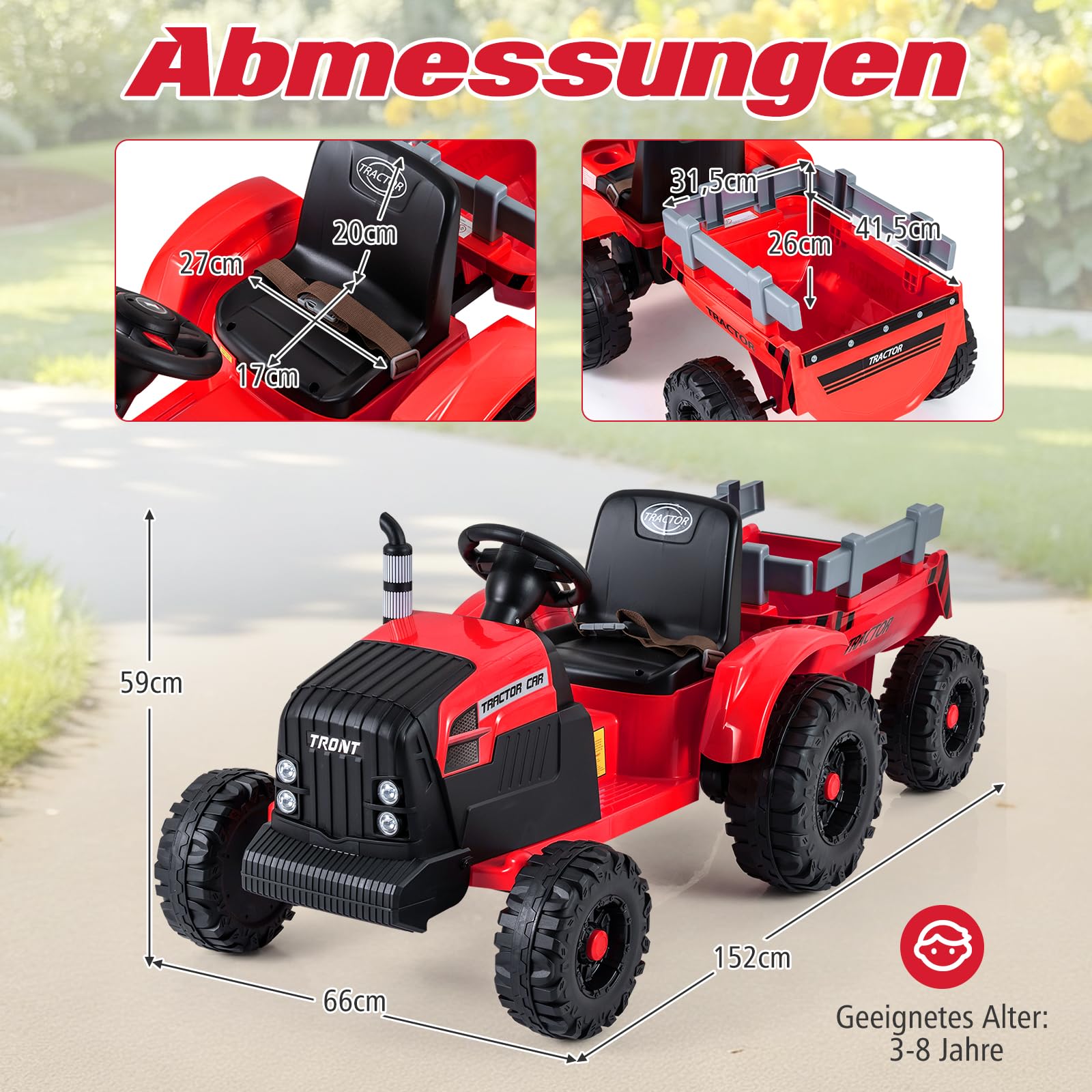 COSTWAY Elektro Traktor mit Anhänger, 24V Aufsitztraktor elektrisch inkl. Fernbedienung, Kindertraktor mit Musik, USB, Sanft-Start & LED Lichtern, Elektrotraktor für Kinder ab 3 Jahren (Rot)