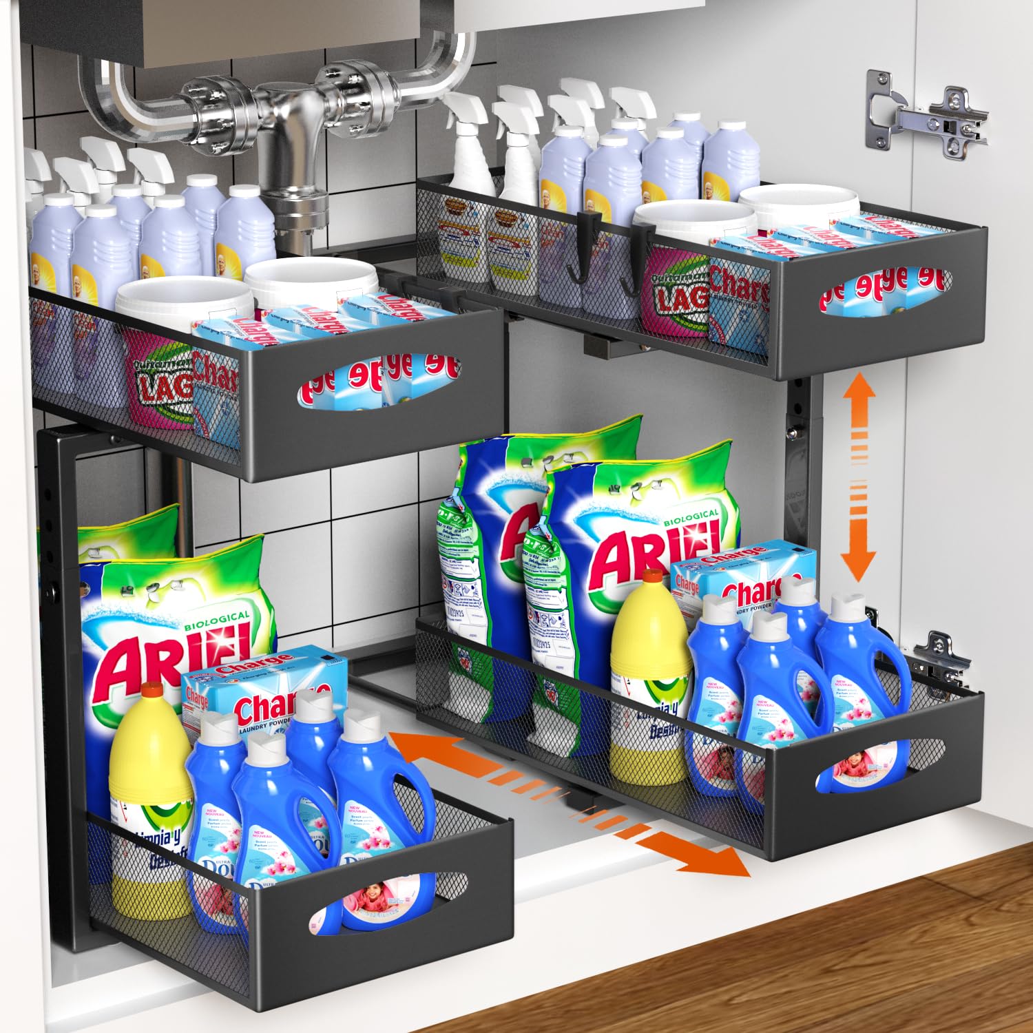 Housolution 2 Pack Under Sink Organizer, 2 Tier Metal Pull Out Under Sink Storage with Sliding Mesh Drawers, Height Adjustable Slide Out Under Sink Organizer for Kitchen Bathroom Cabinet, Black