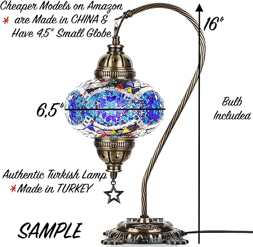 Miniatura 3 de DEMMEX Lámpara de mesa de mosaico turco marroquí, con cuello de cisne, hecha a mano, lámpara de noche para mesita de noche, lámpara decorativa de