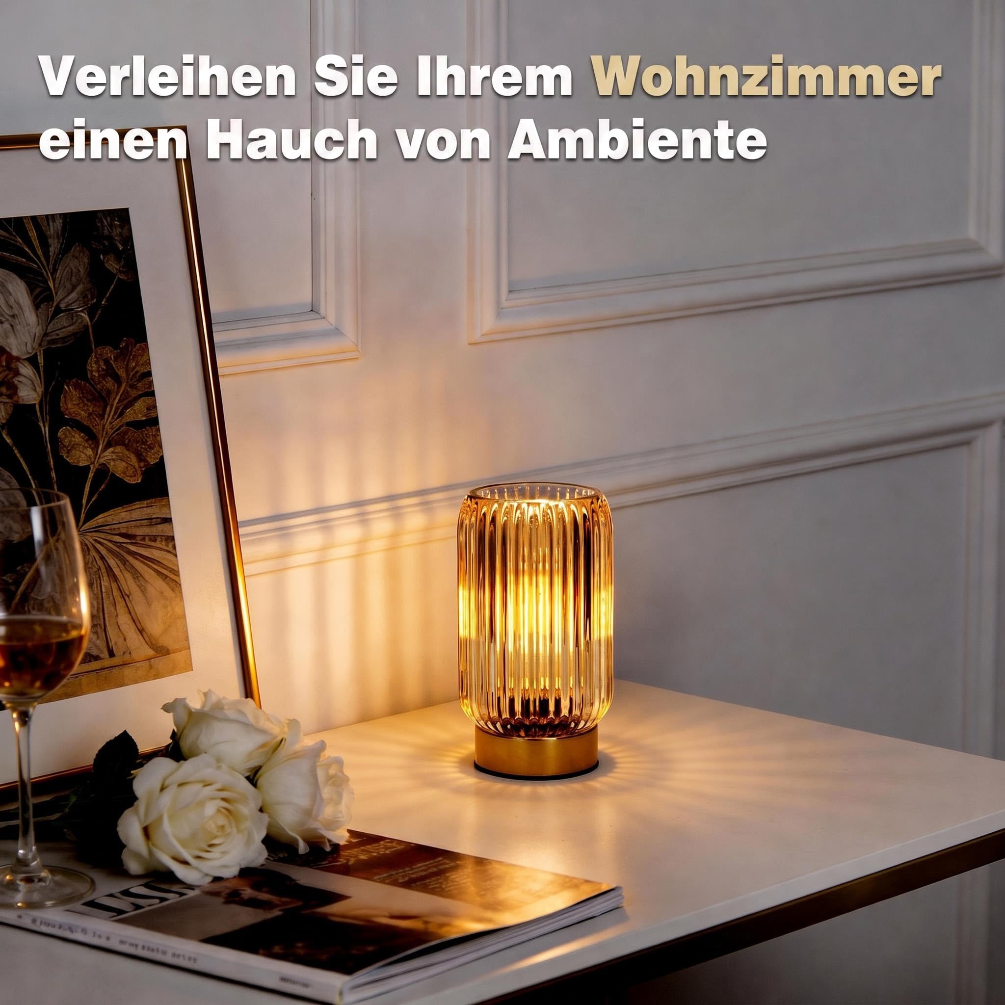 MJ PREMIER 2er-Set Tischlampe Kabellose, Batteriebetriebene Nachttischlampe mit 6H Timer, gelber geriffelter Glasschirm, Vintage Dekoleuchte ohne Stromkabel, kleine Tischleuchte für Innenräume