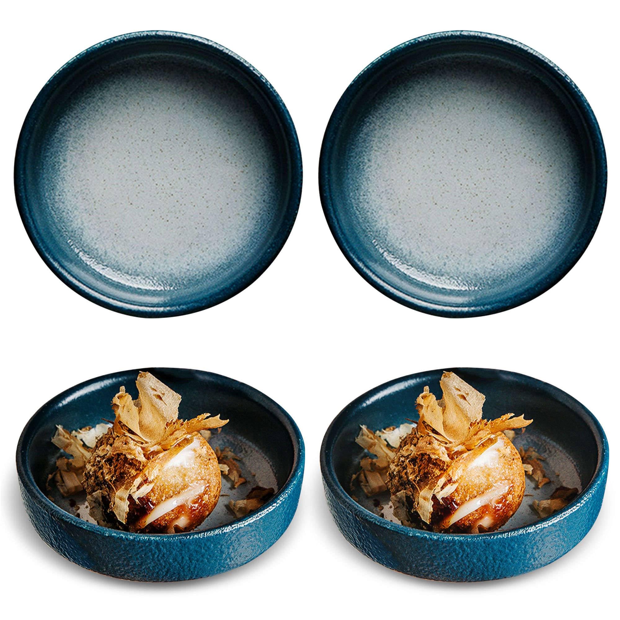Dipschalen, Sojasaucenschalen, 4er-Set, Keramik-Dipschalen, Saucenschalen, Tapasschalen, Schalenset mit Blumenmuster für Desserts, Snacks, Blau und Grau, 4er-Set