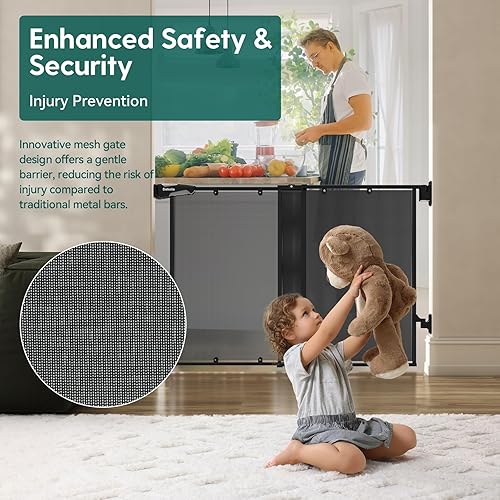 Miniatura 4 de Babelio Puerta para bebés de 26 a 43 pulgadas sin barra inferior para bebés, ancianos y mascotas, puerta de malla con puerta grande de paso,