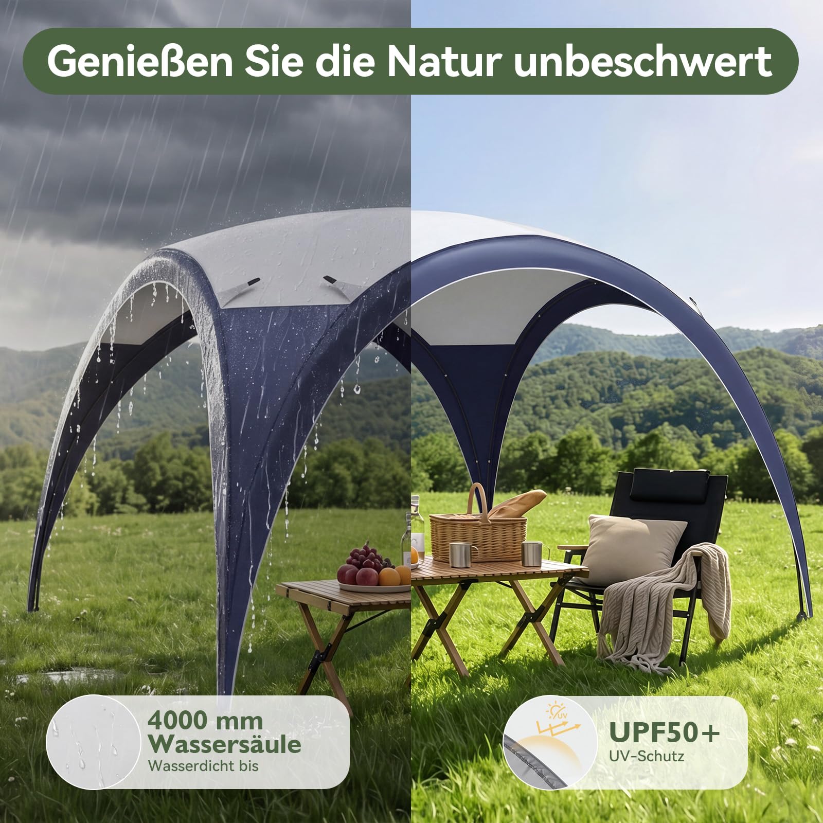 Aoxun Event Shelter Kuppelzelt mit Seitenwänden, Tragbare Stahlstange Camping Pavillon Gartenpartys Veranstaltungen, Transporttasche 4 Vevstärkte Füße, Wasserdicht (4000 mm), UPF 50+, 3,5 x 3,5 m