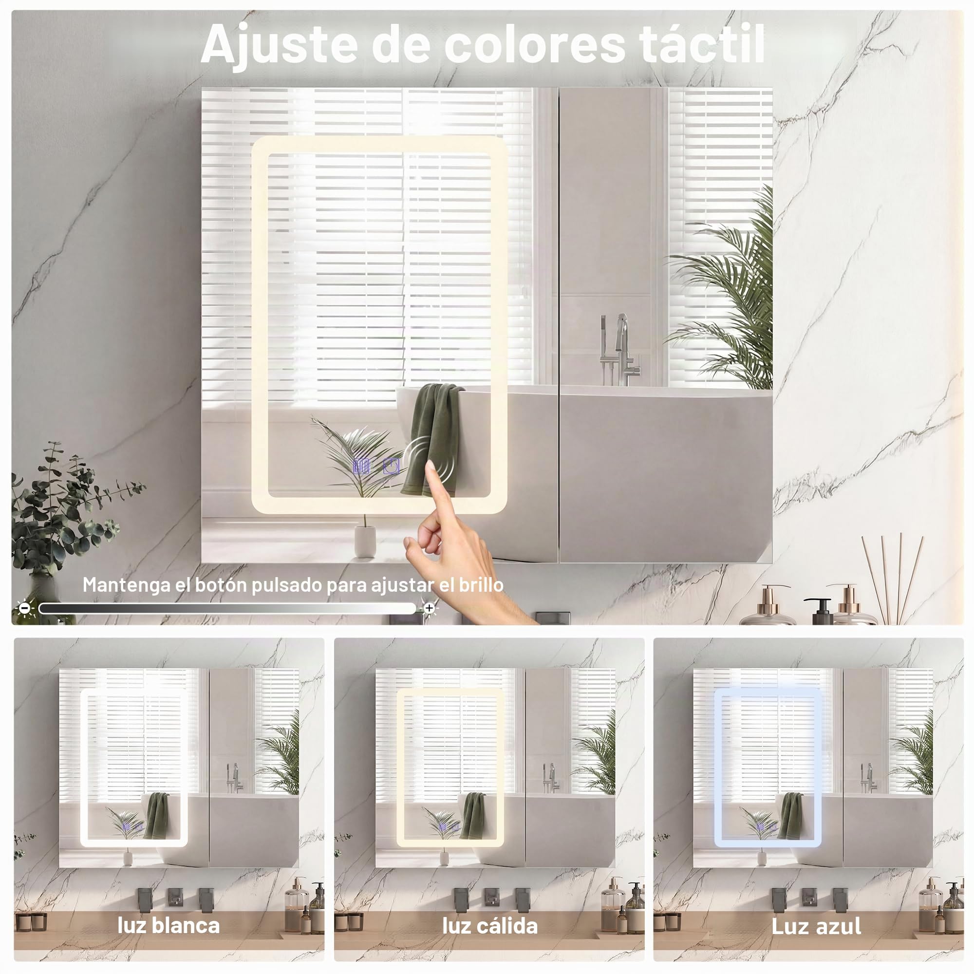 Armario de baño con espejo y luz LED, espejo de baño con almacenamiento, función antiniebla, 3 temperaturas, con estante ajustable, estilo moderno (70 x 13,5 x 60)
