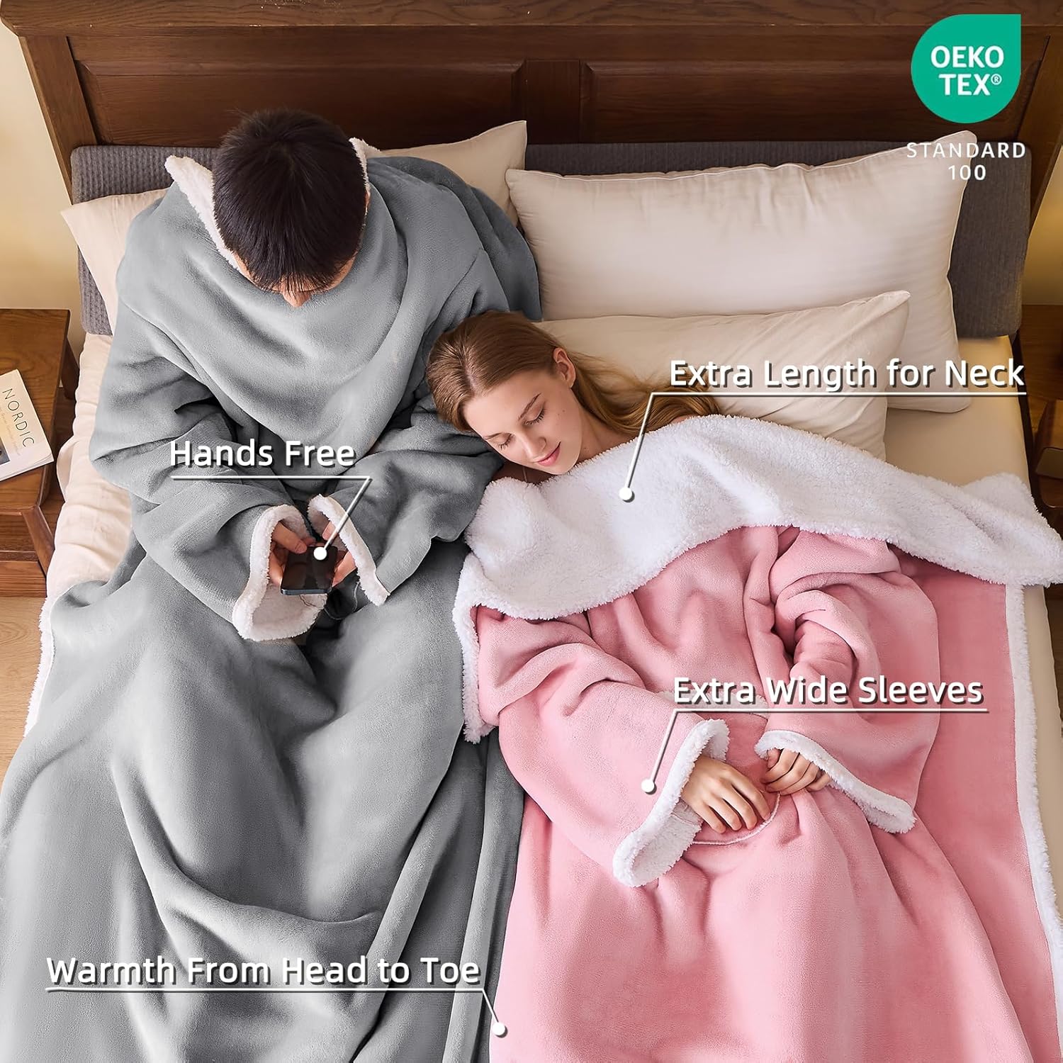 IFNOW Sherpa Wearable Blanket with Sleeves for Women Men Adults, Christmas Birthday Gifts for Women Mom Wife, Cozy Wearable Blanket with Arm and Pocket, Warm Full Body TV Wrap Throw Blanket, Pink - Image 2