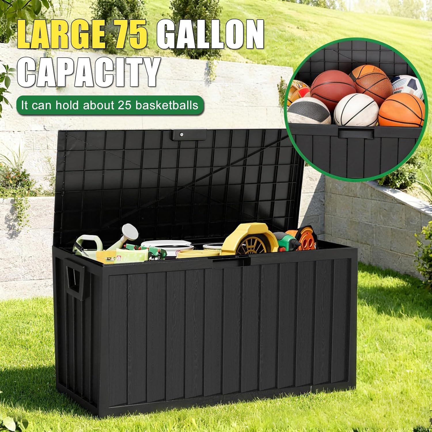 75 Gallon Outdoor Storage Box Waterproof,350LBS Lockable Patio Storage Box for Patio Cushions,Garden Tools and Tools Storage,Outside Storage Box-Black