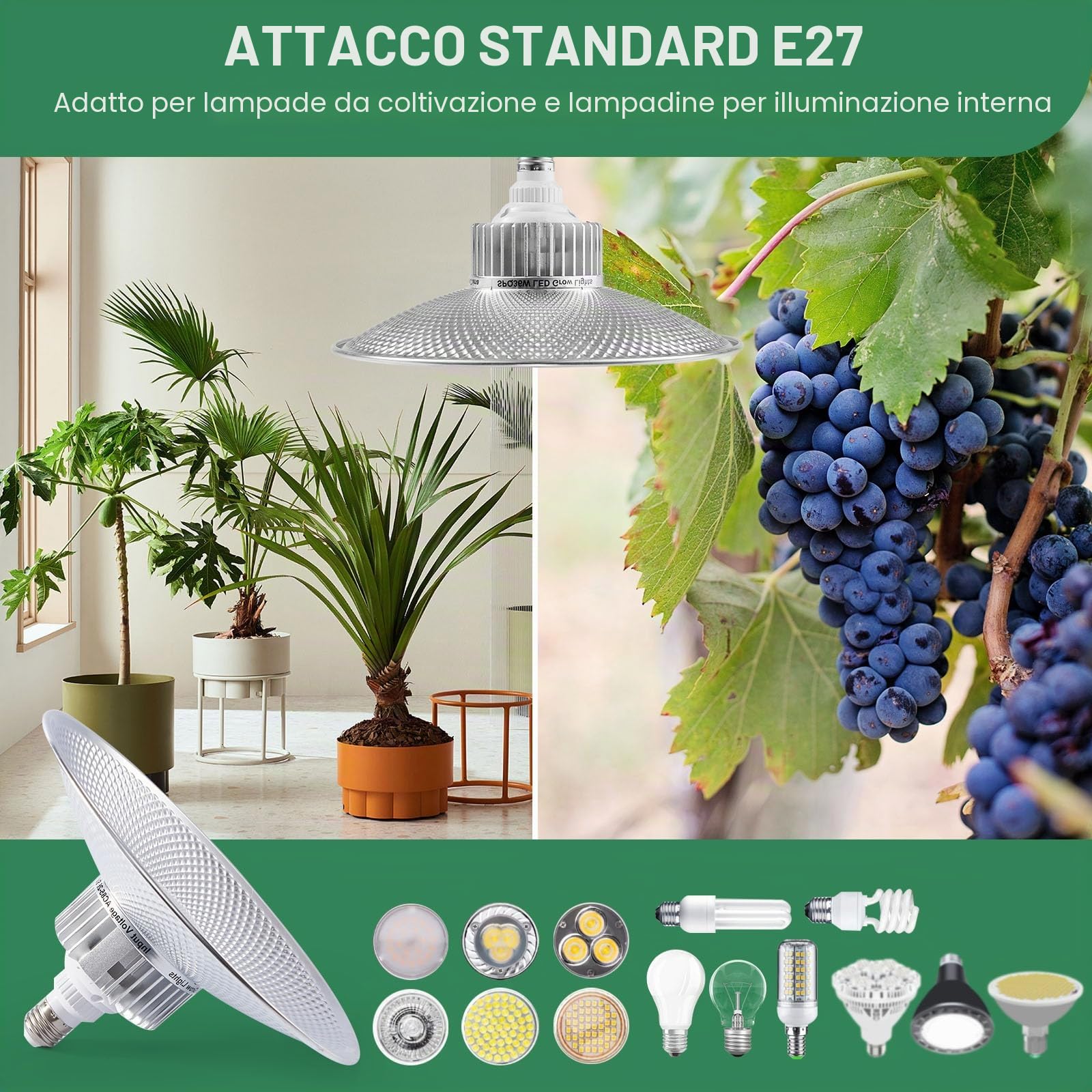 Lampada a LED da 36 W, a spettro completo, E27, 400 W, equivalente Grow Light, 4100 K, lampada a LED per crescita Full Spectrum con alto PPFD per piante da interno, fiori, frutta e verdura
