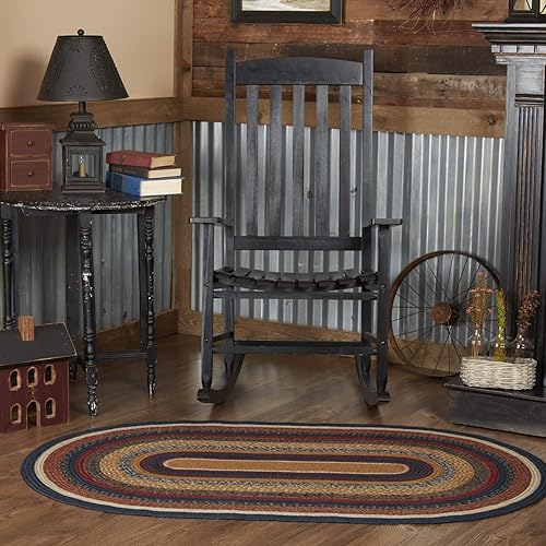 VHC Brands Stratton Primitive - Alfombra decorativa de yute azul a rayas ovaladas con almohadilla de suelo, 36 x 60 pulgadas