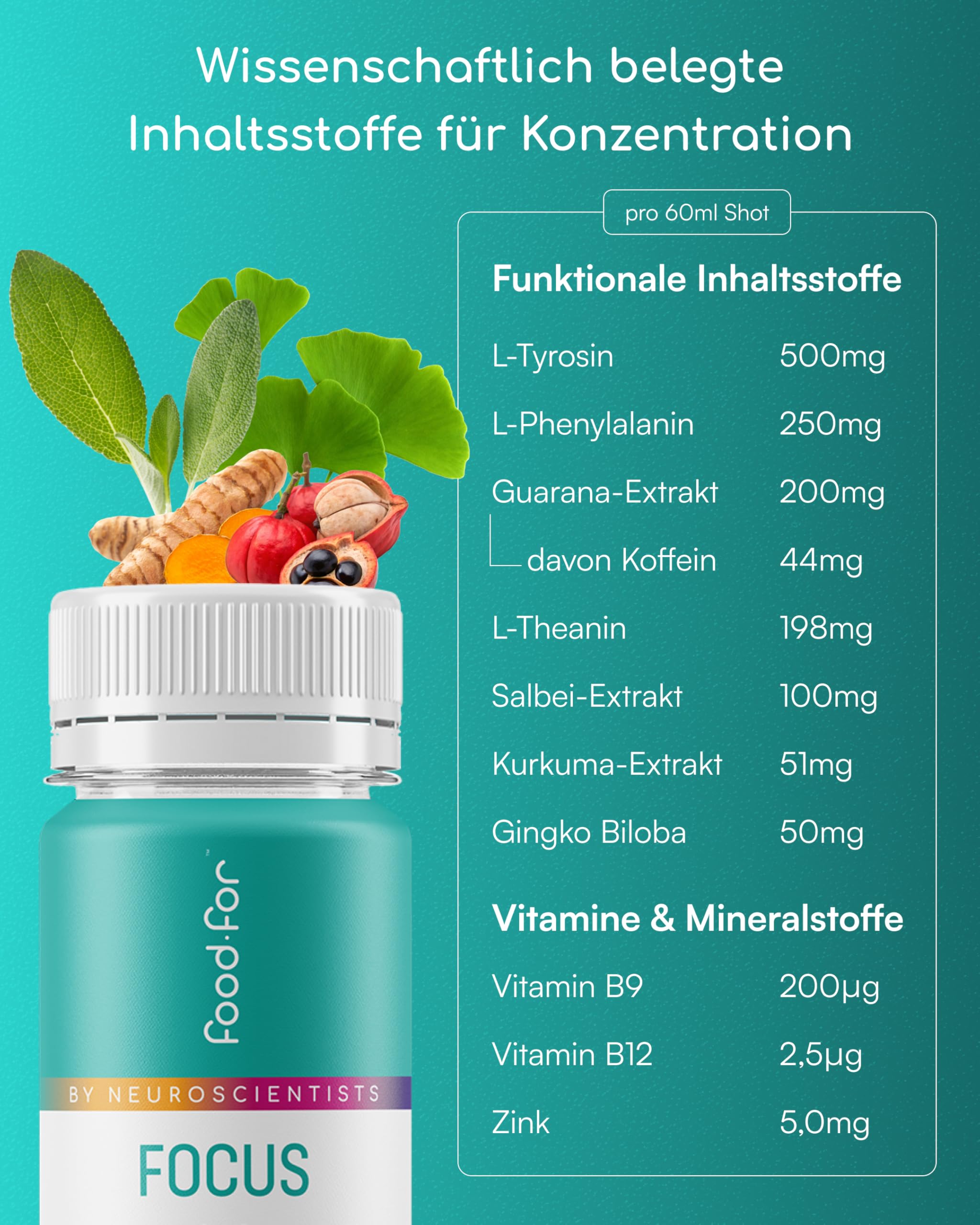 FOODFOR FOCUS Booster dopamine 60ml – Schnelle Aufnahme, Deep Focus, Gedächtnis & Konzentration – L-Theanin, L-Tyrosin, Guarana, Salbei, Kurkuma, Ginkgo Biloba – Zuckerfrei, Schweizer Qualität 6-Pack