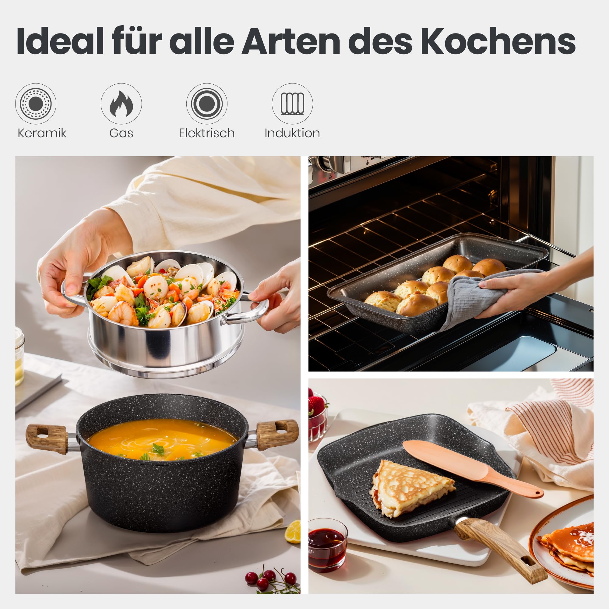 DishDelight Induktions-Kochgeschirr-Set mit Grillplatte 30-teiliges Induktions Töpfe Set Topf und Pfannenset mit Deckel Granit Antihaftbeshichtung Topfset Kochtopf
