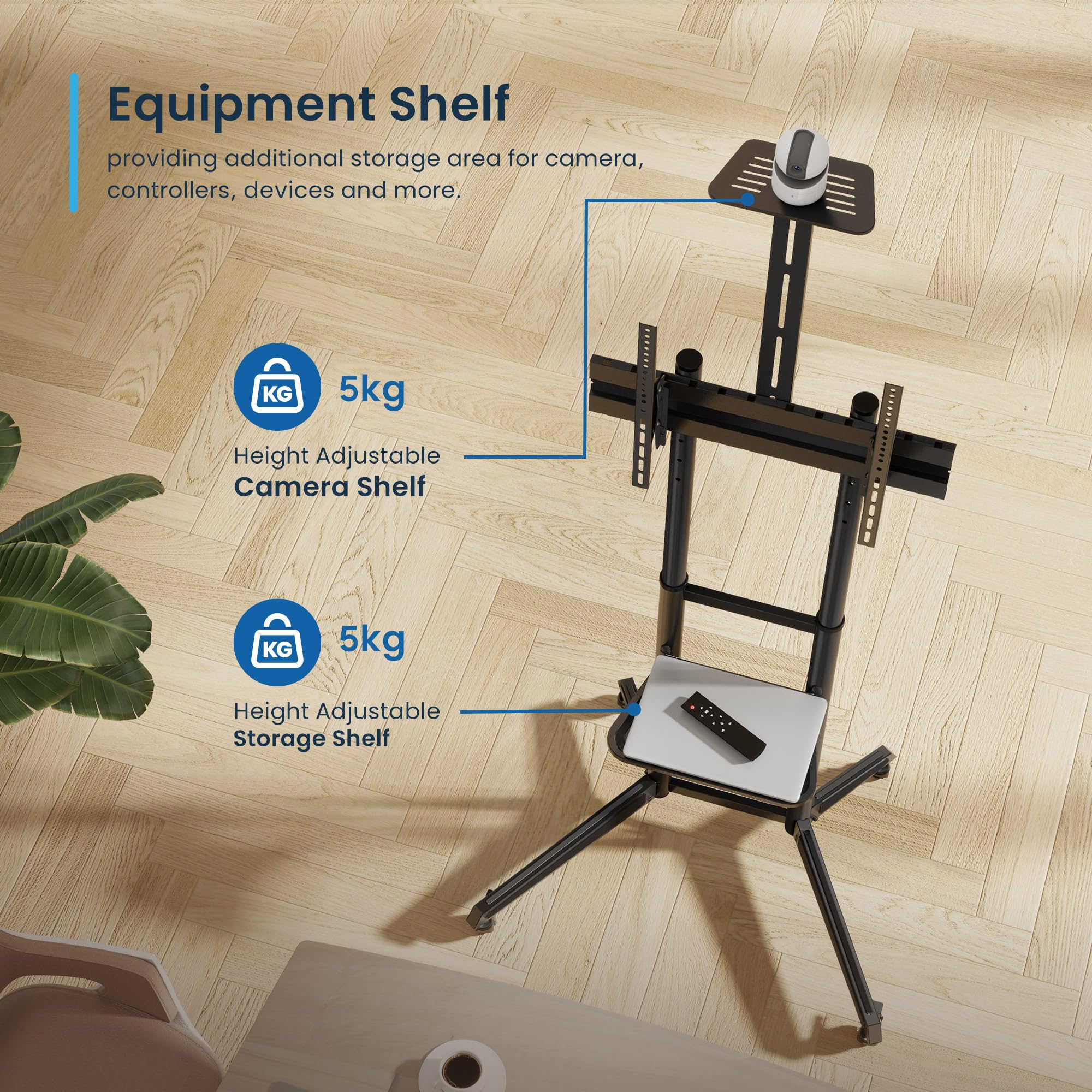 Soporte de TV de Pie con Ruedas Ewent, Carro para Televisores de 37-70" Máx.50kg, Soporte de TV Ajustable, Inclinable y Móvil,Máx. VESA 600x400mm, Gestión de Cables, con Estante y Base para Habitación